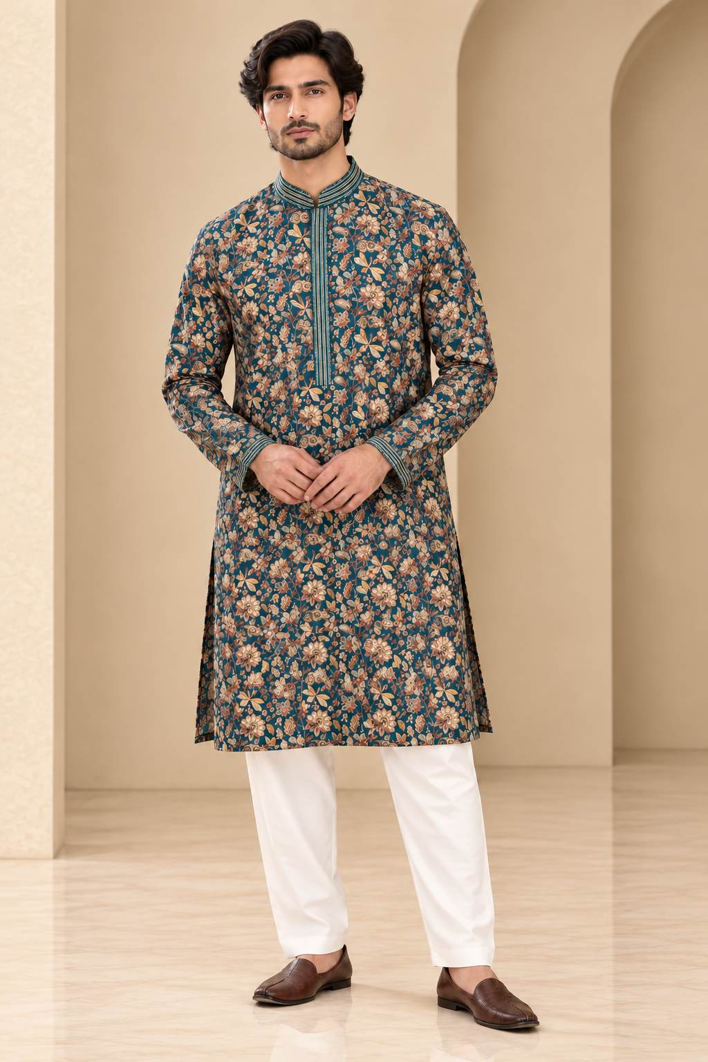 Teal Blue Floral Printed Kurta Set