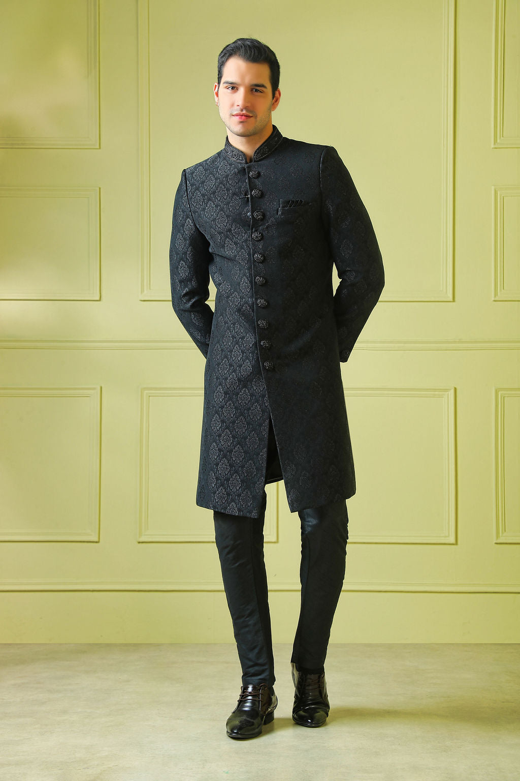 black embroidered sherwani with churidar