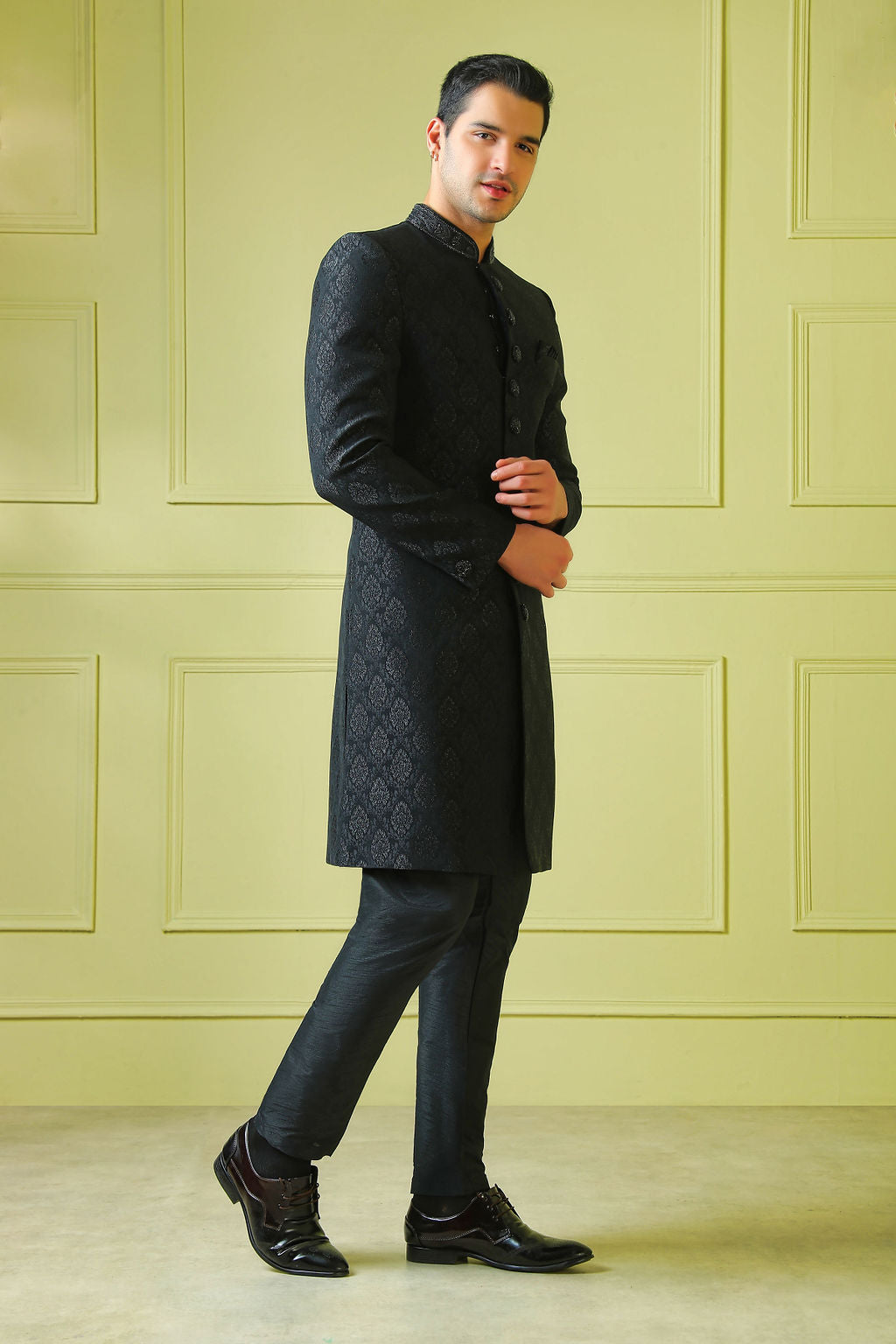 black embroidered sherwani with churidar