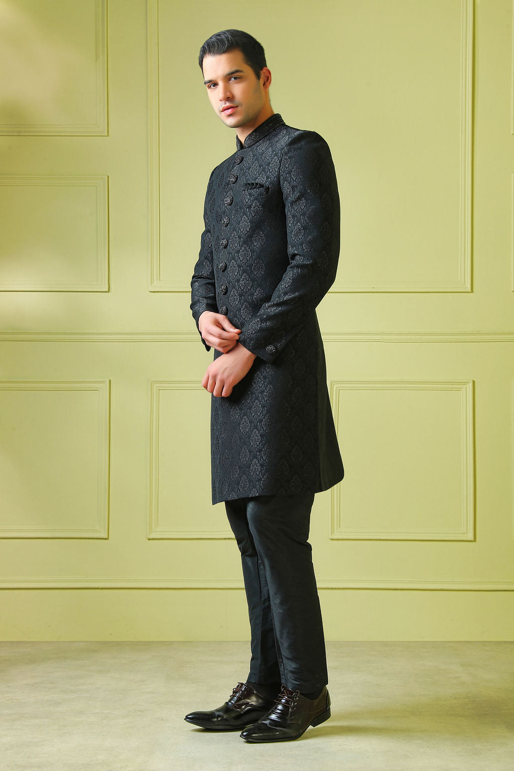 black embroidered sherwani with churidar