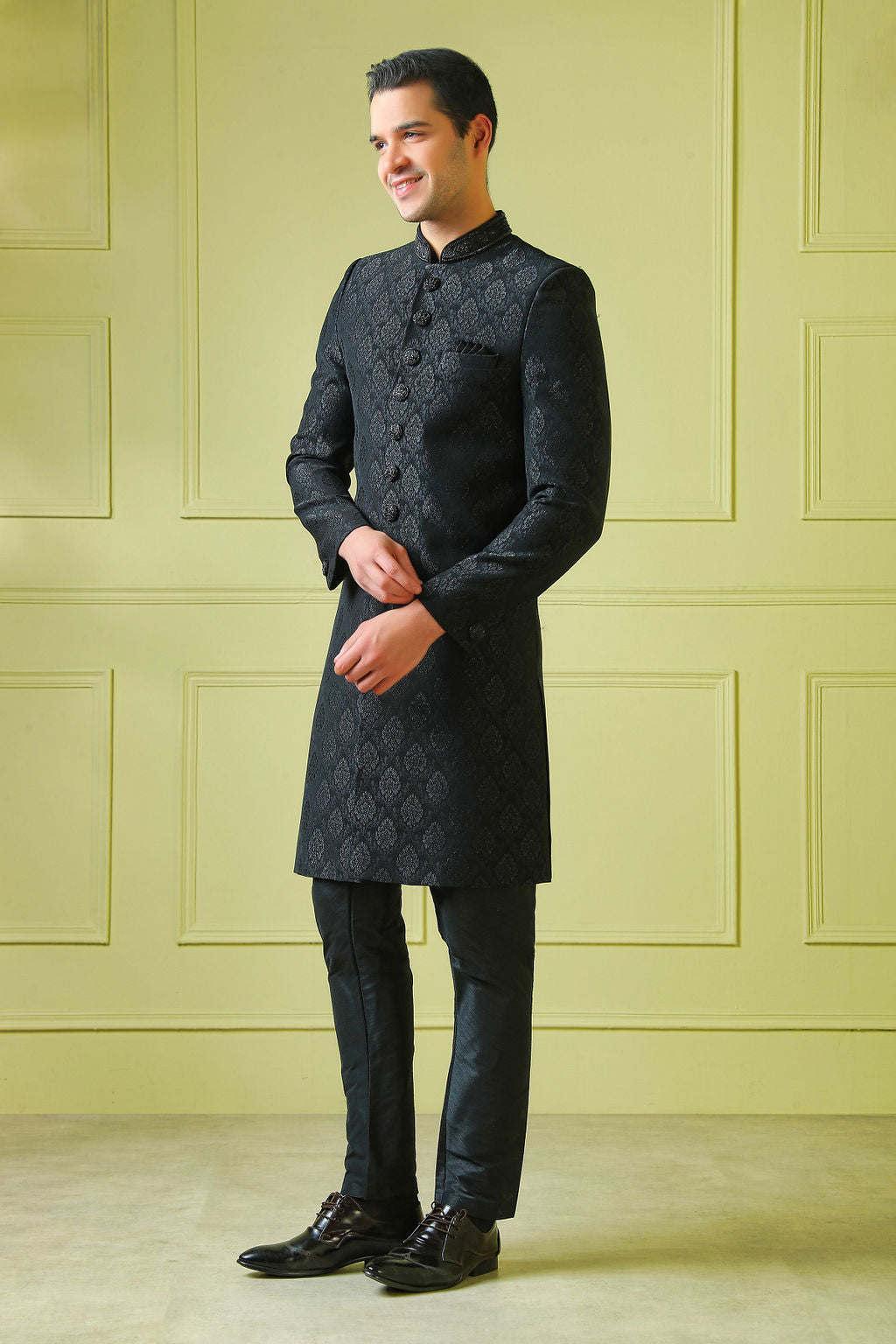 black embroidered sherwani with churidar