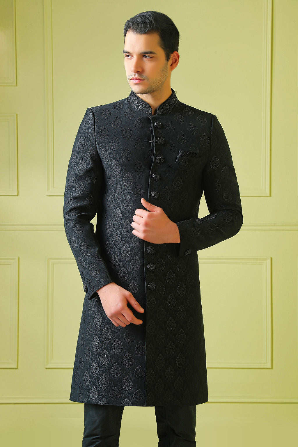black embroidered sherwani with churidar