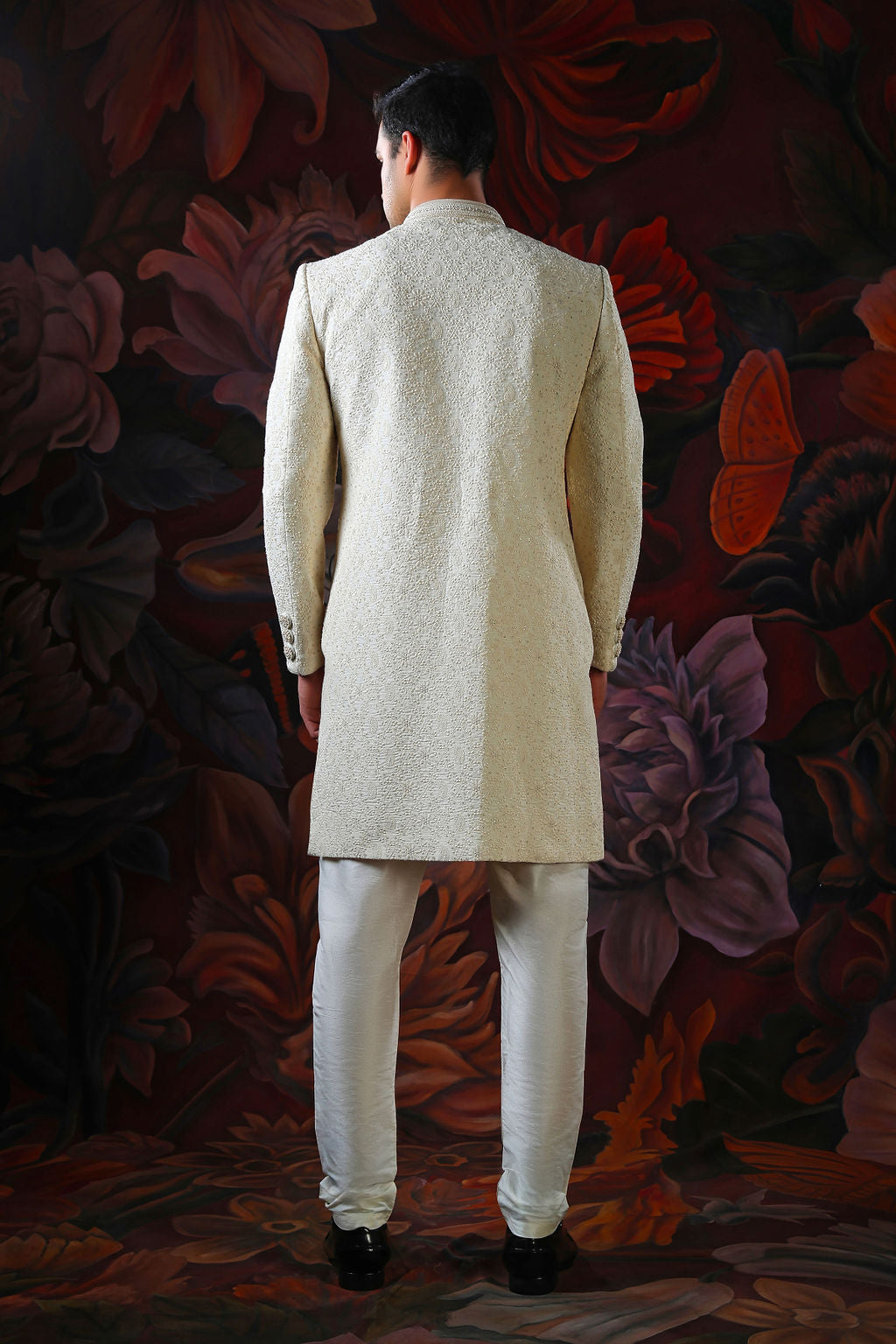Cream embroidered sherwani with churidar