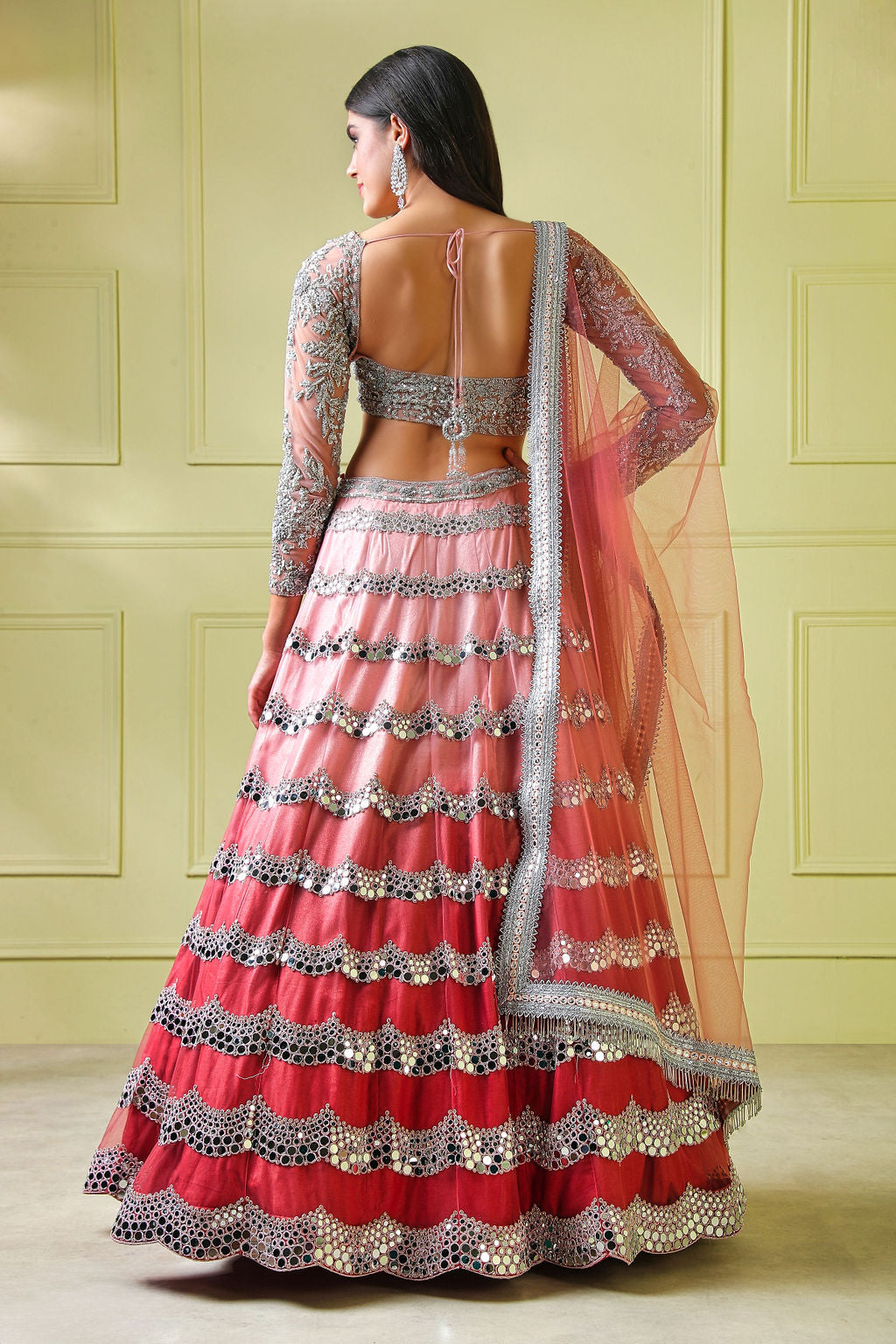 Baby Pink Mirror Emroidery Lehenga with full Sleeves Top
