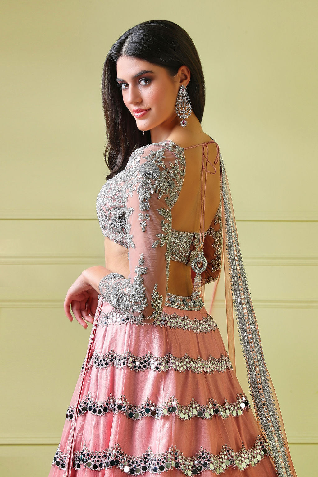 Baby Pink Mirror Emroidery Lehenga with full Sleeves Top