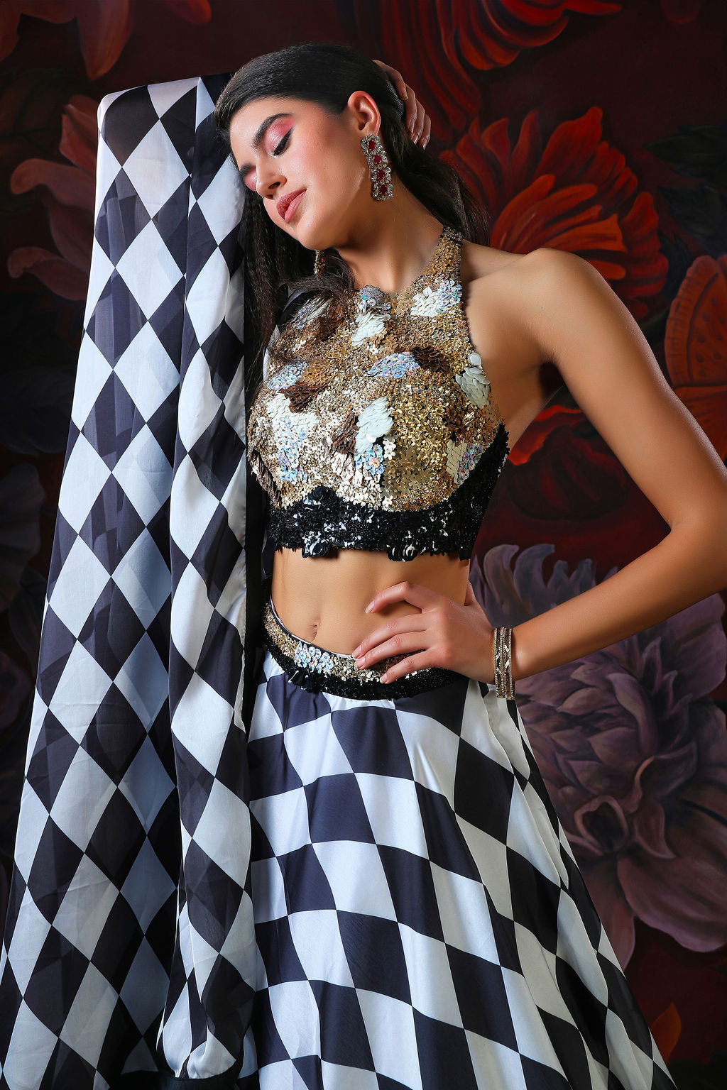 Black and White Lehenga with Embroidery Top