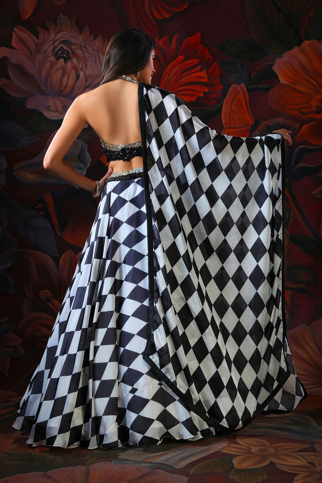 Black and White Lehenga with Embroidery Top