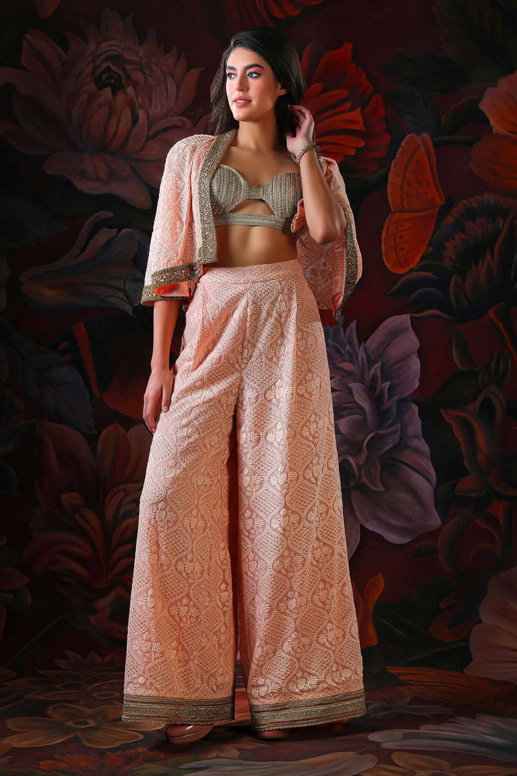 Embroider Top With Chikan Plazo & Short Jkt