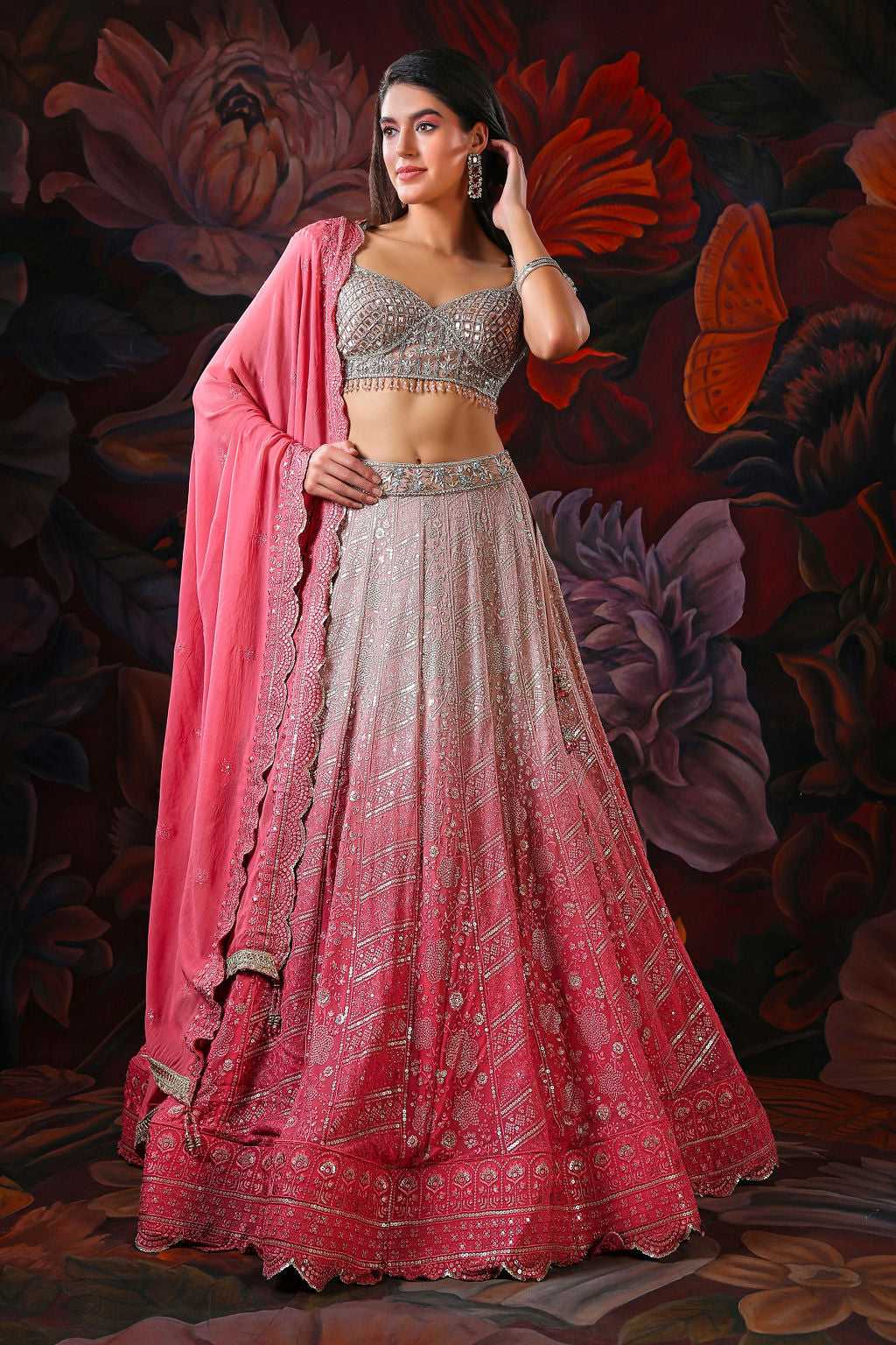 White and Pink Ombre Lehenga with Embroidery Top