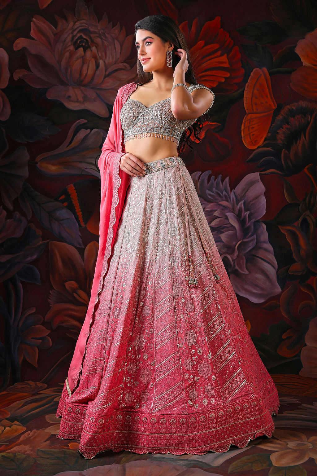 White and Pink Ombre Lehenga with Embroidery Top