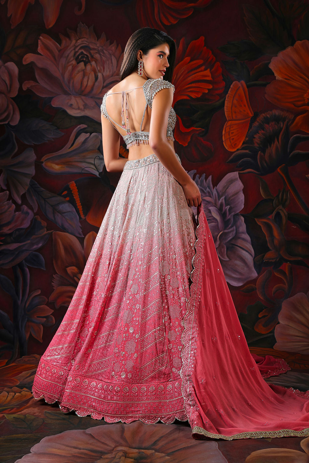 White and Pink Ombre Lehenga with Embroidery Top