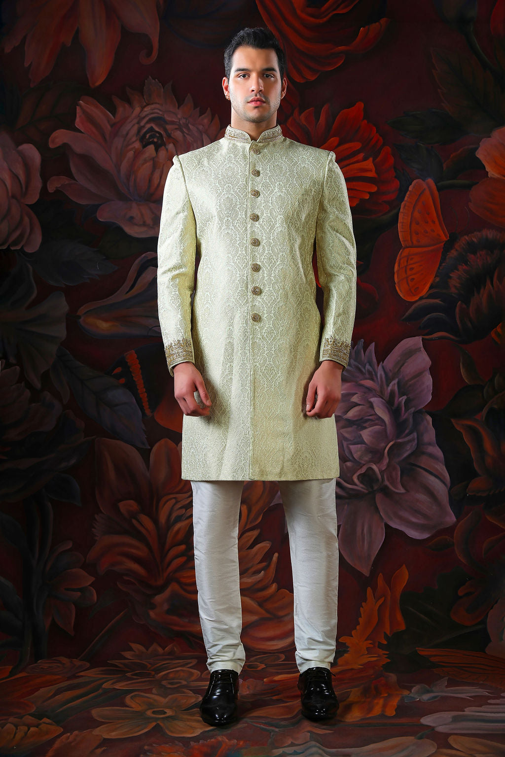 Light gold embroidered shewani with churidar