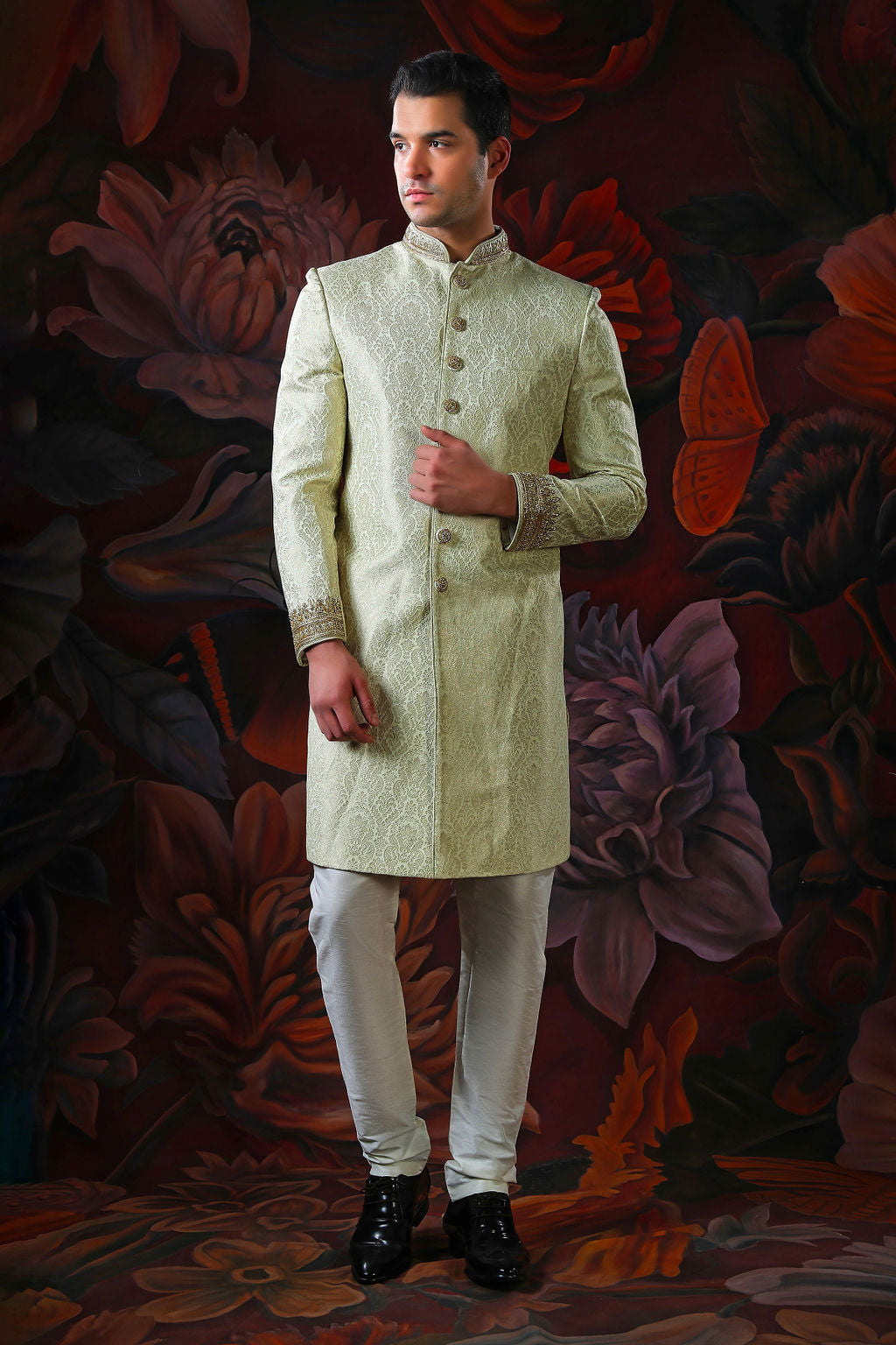 Light gold embroidered shewani with churidar