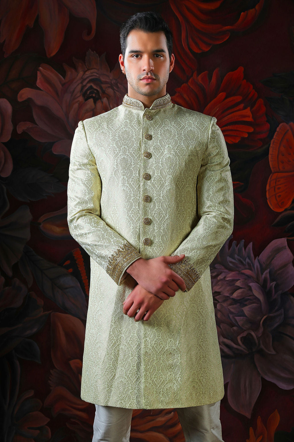 Light gold embroidered shewani with churidar