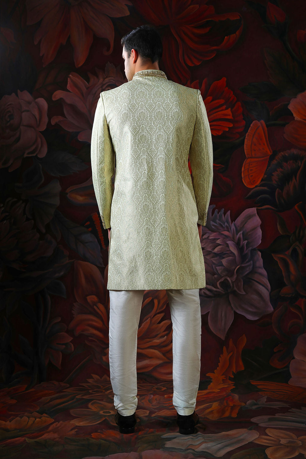 Light gold embroidered shewani with churidar