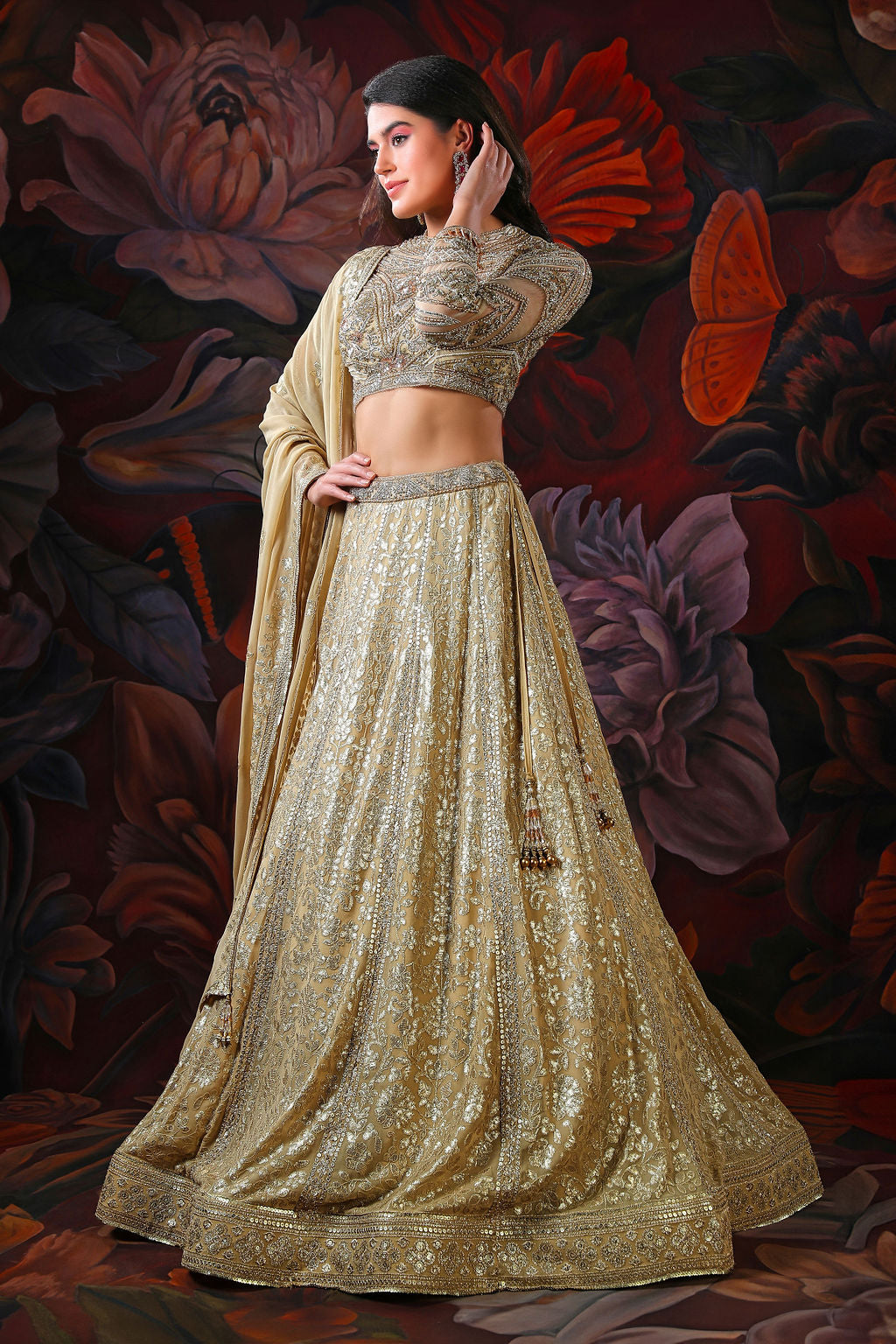 Gold Embroidery Lehenga With full sleeves embroidery Top