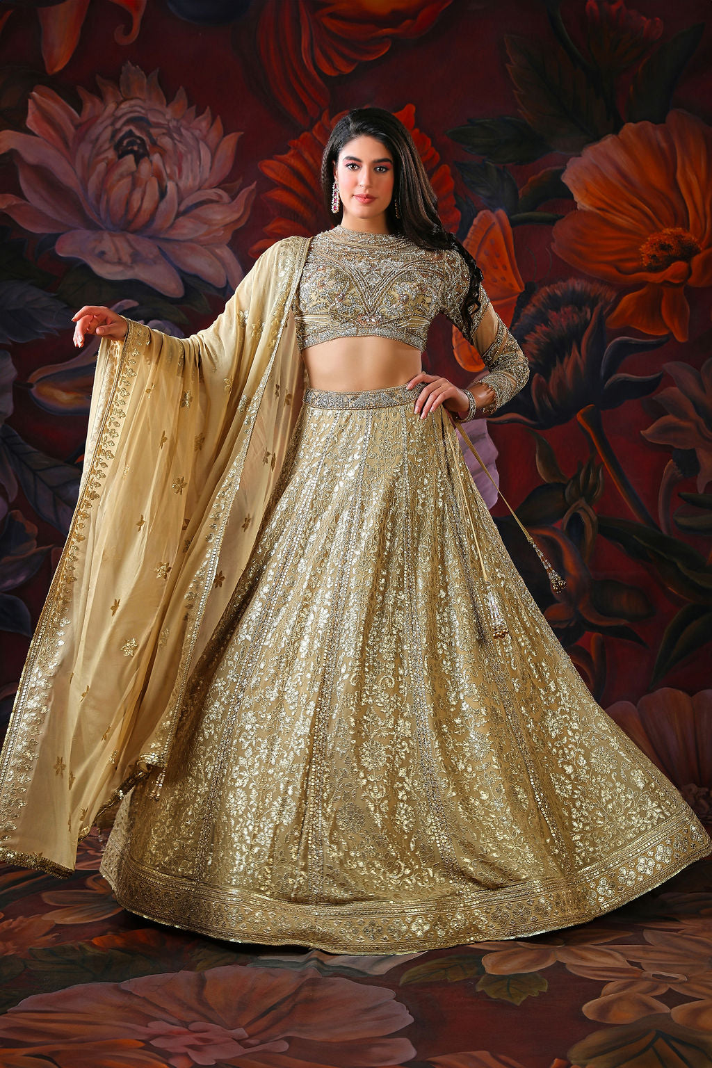 Gold Embroidery Lehenga With full sleeves embroidery Top