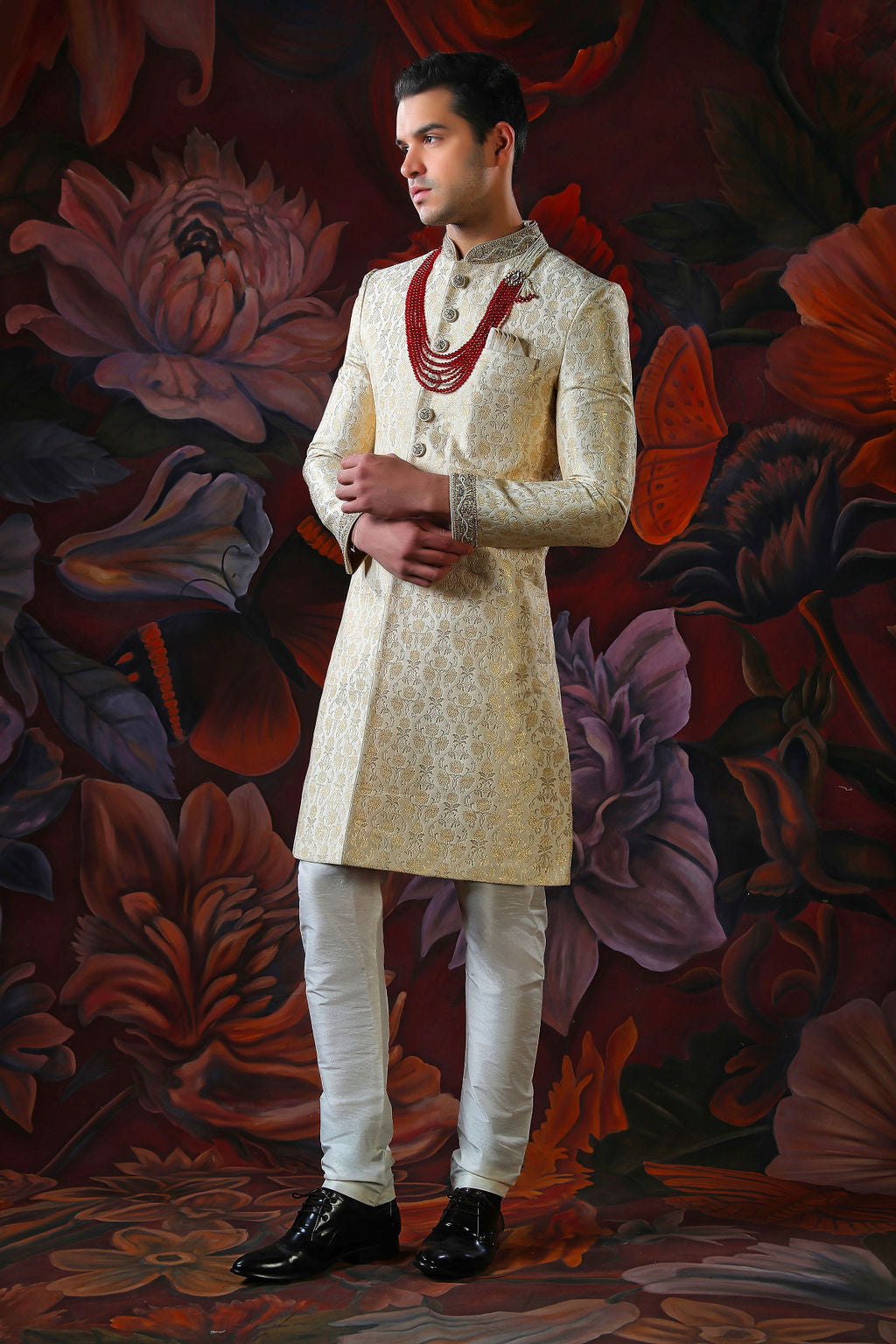 gold embroidered sherwani with churidar