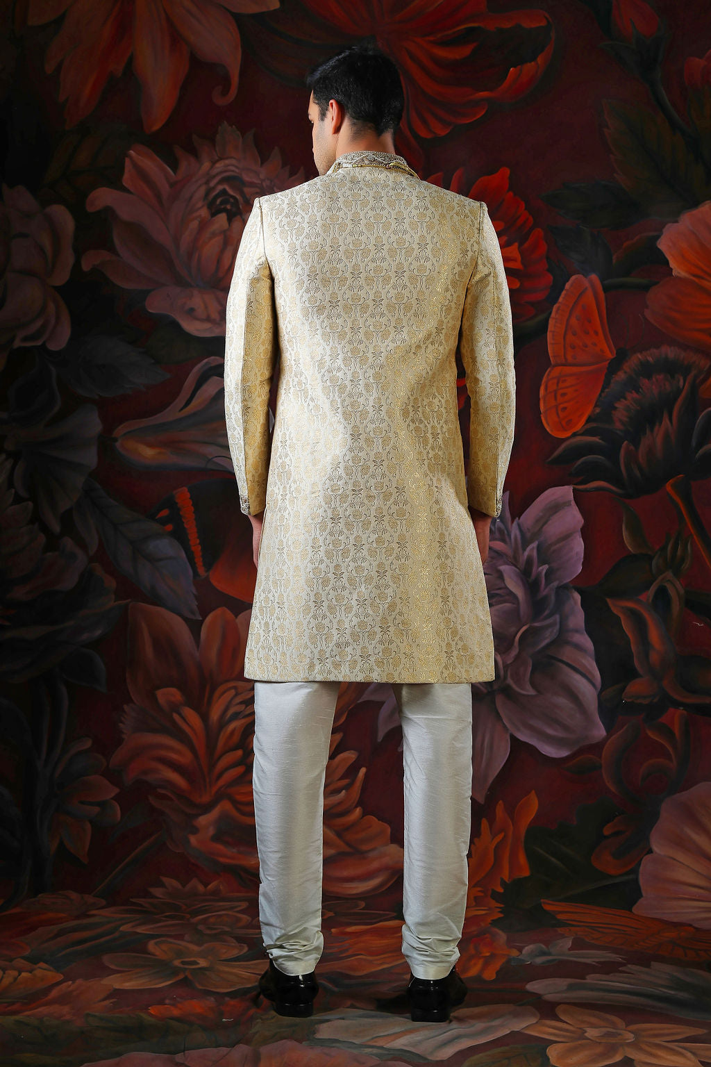 gold embroidered sherwani with churidar