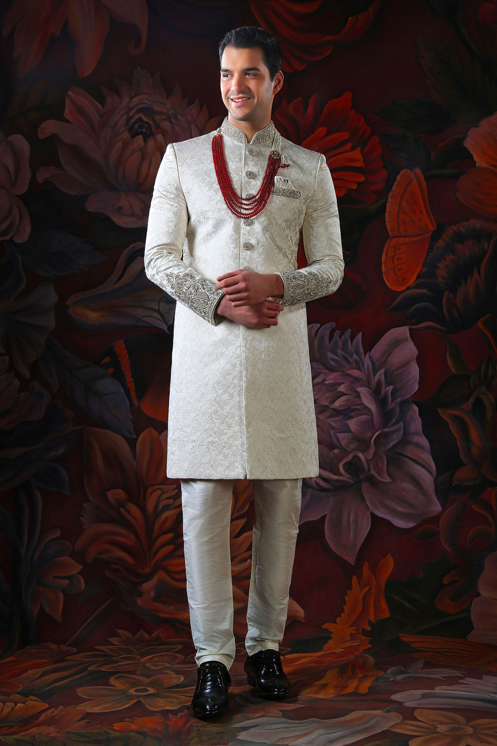 ivory embroidered sherwani with churidar
