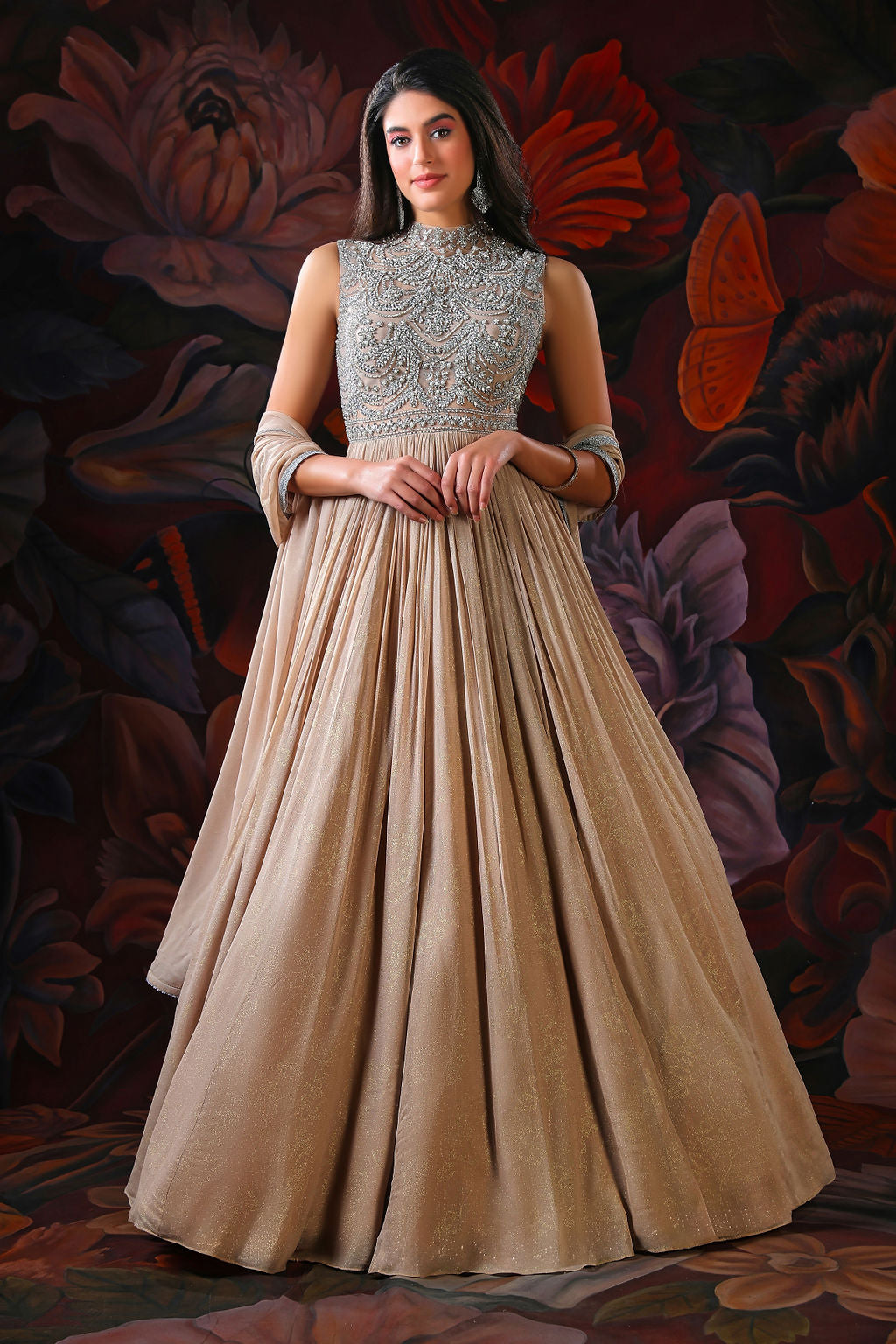 Gold Gown with Beautiful embroidery on Yoke