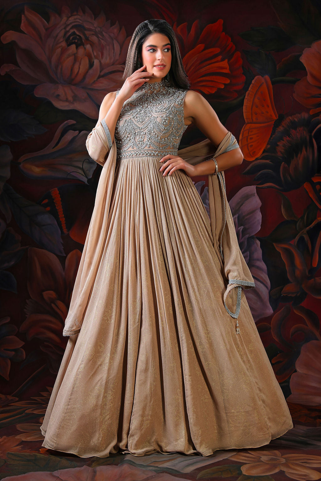 Gold Gown with Beautiful embroidery on Yoke