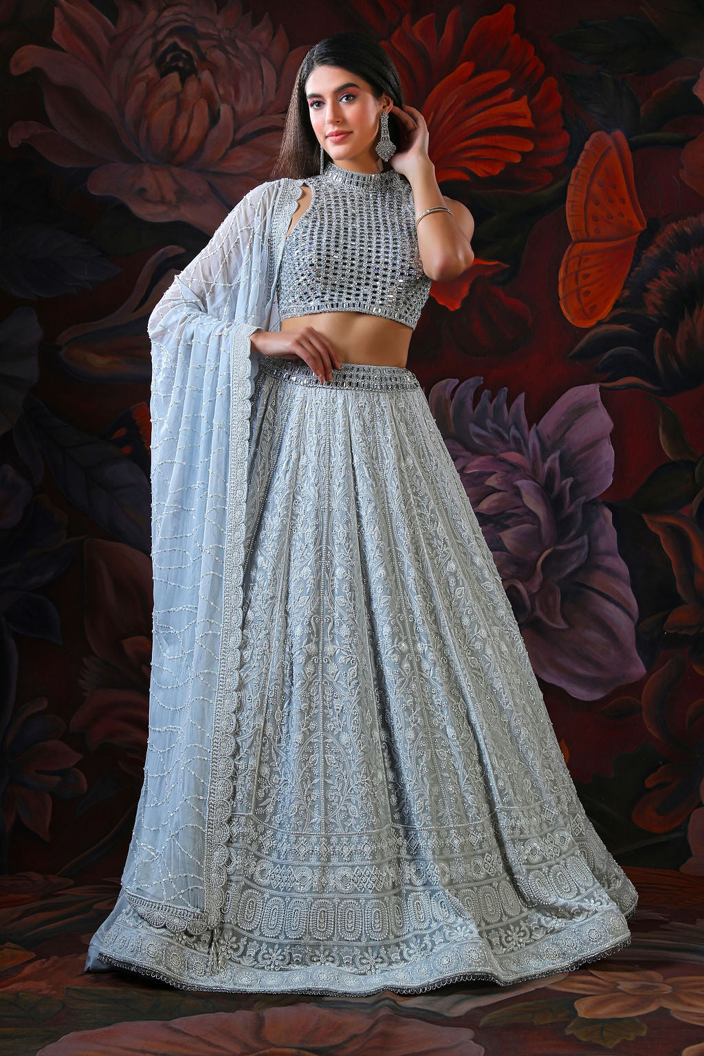 Grey Lehenga With Mirror Embroidery Top