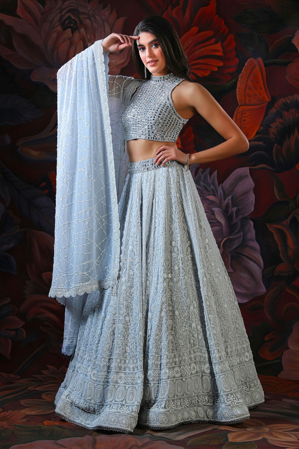 Grey Lehenga With Mirror Embroidery Top