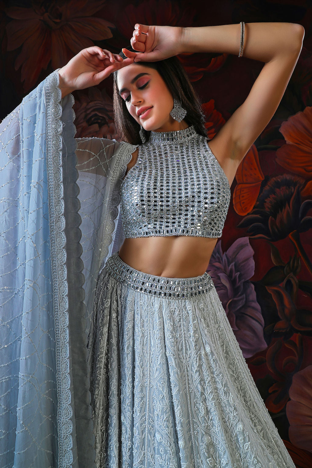 Grey Lehenga With Mirror Embroidery Top