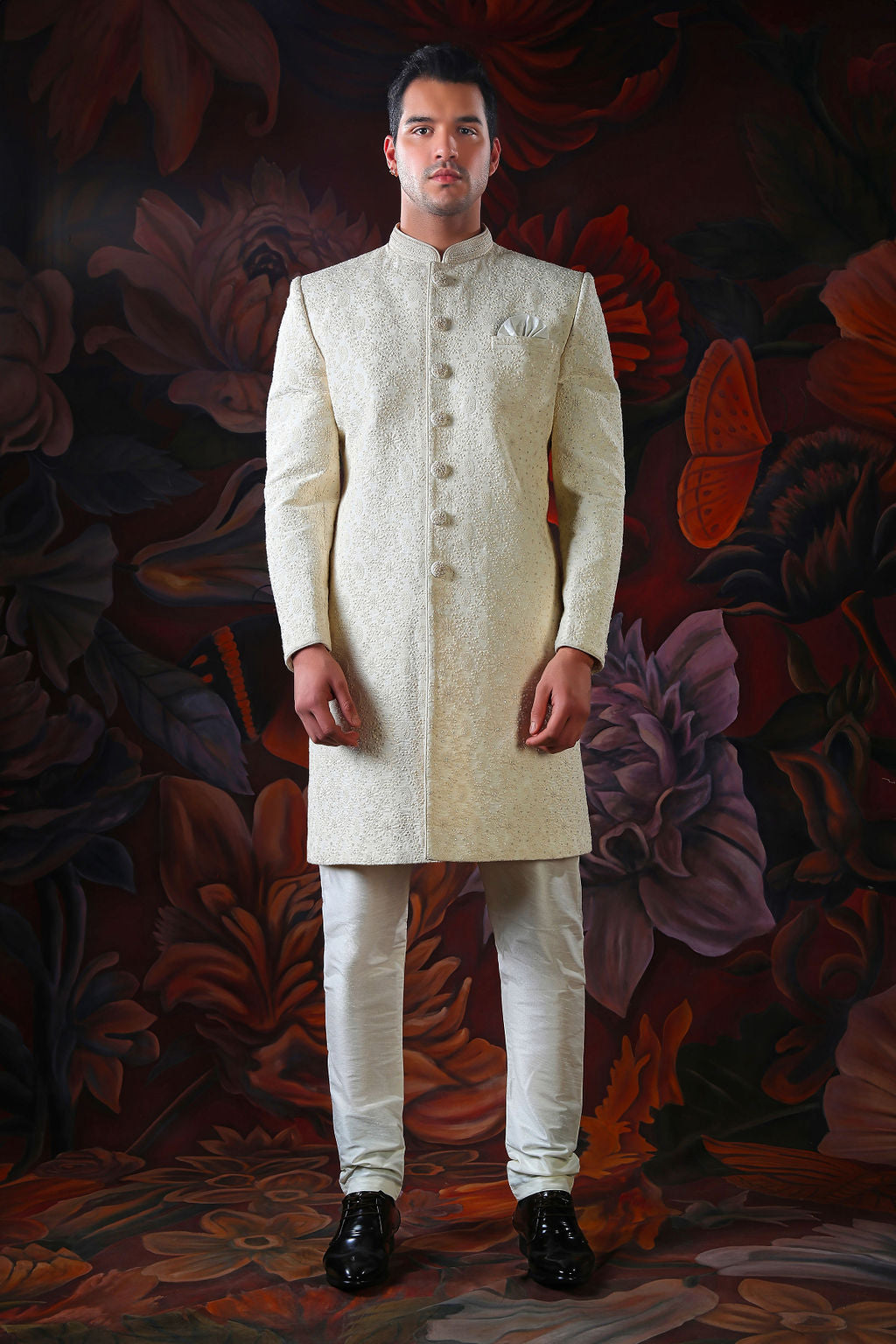 Cream embroidered sherwani with churidar