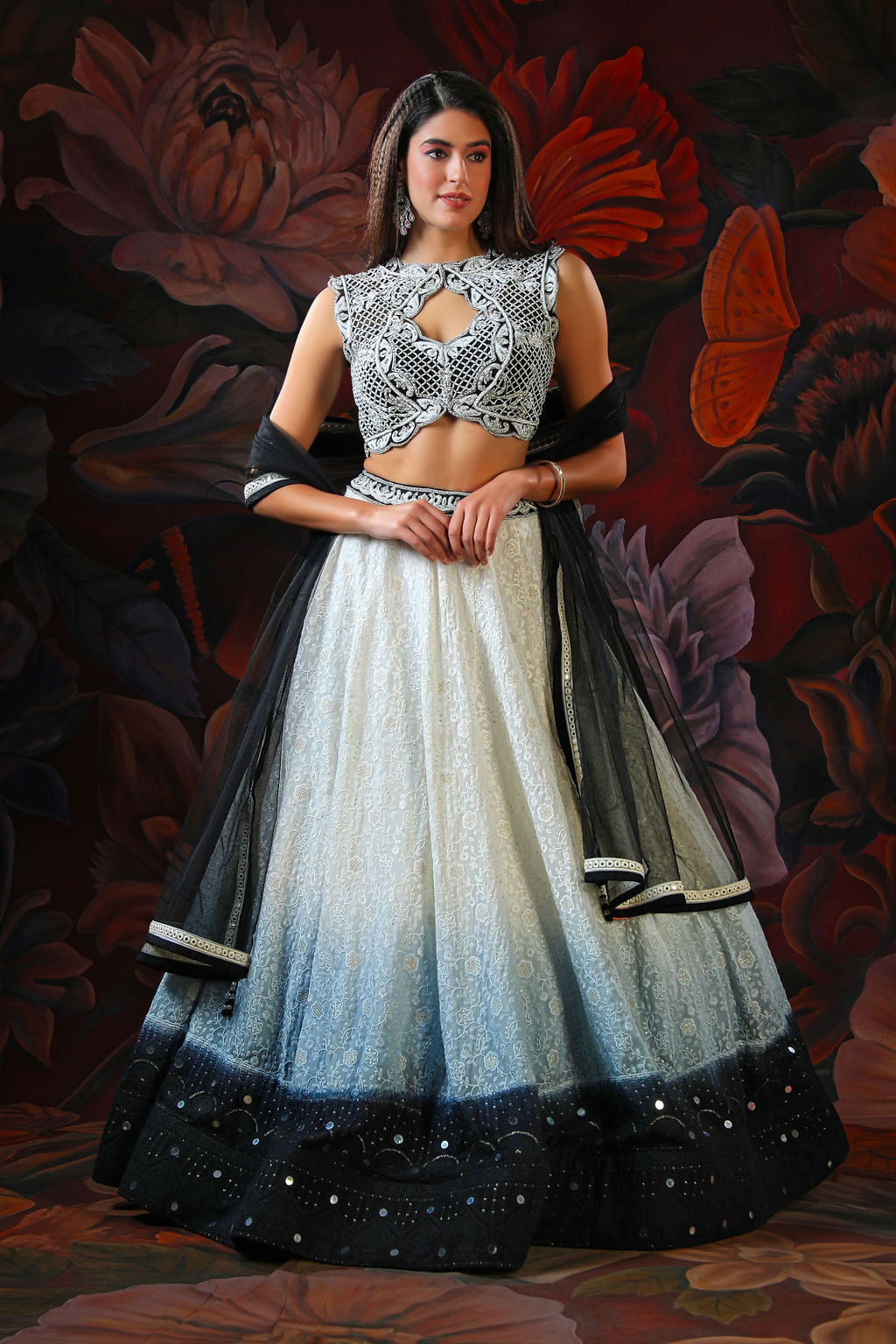 White and Black Ombre Lehenga With white Embroidery Top
