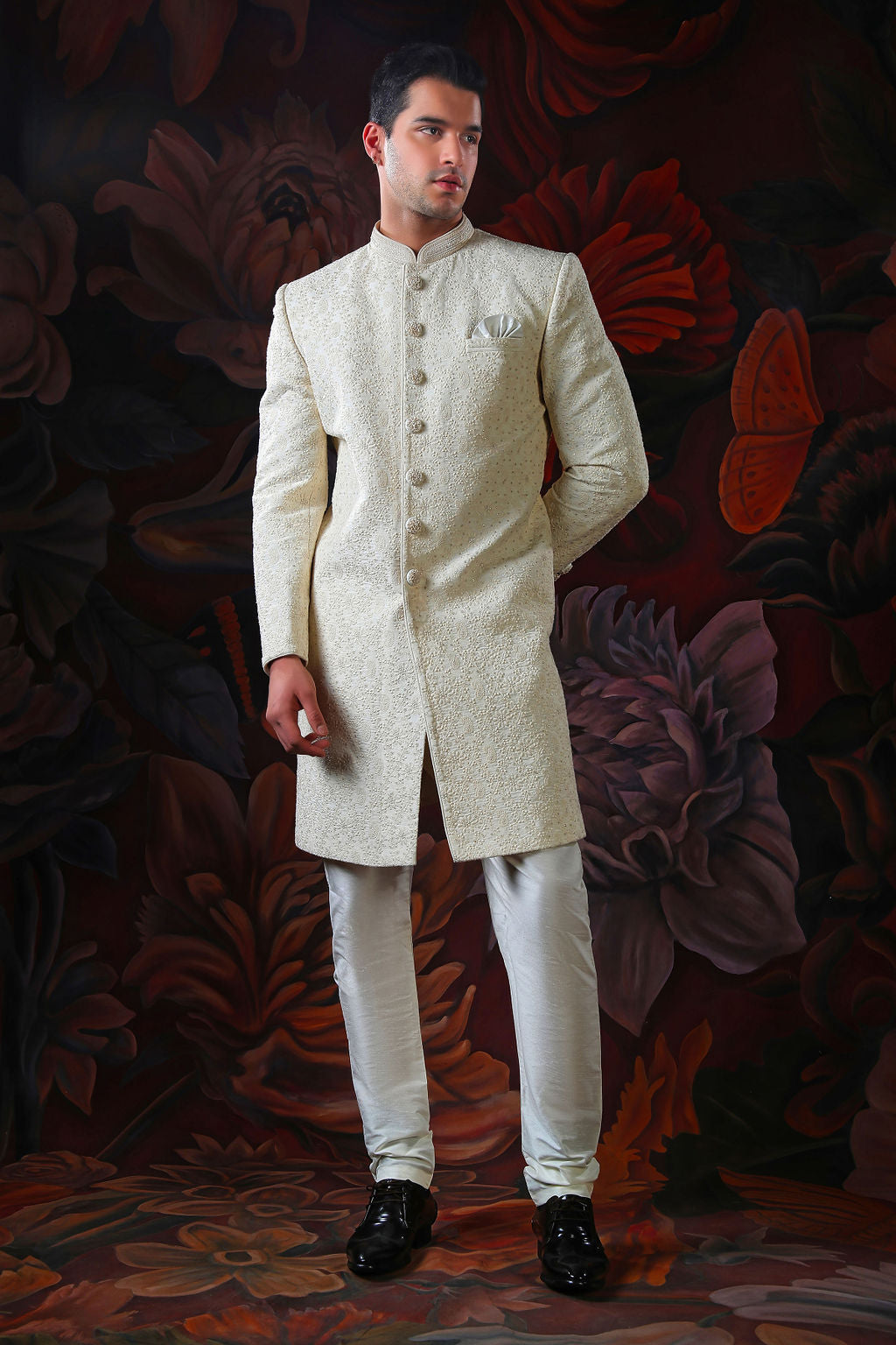 Cream embroidered sherwani with churidar