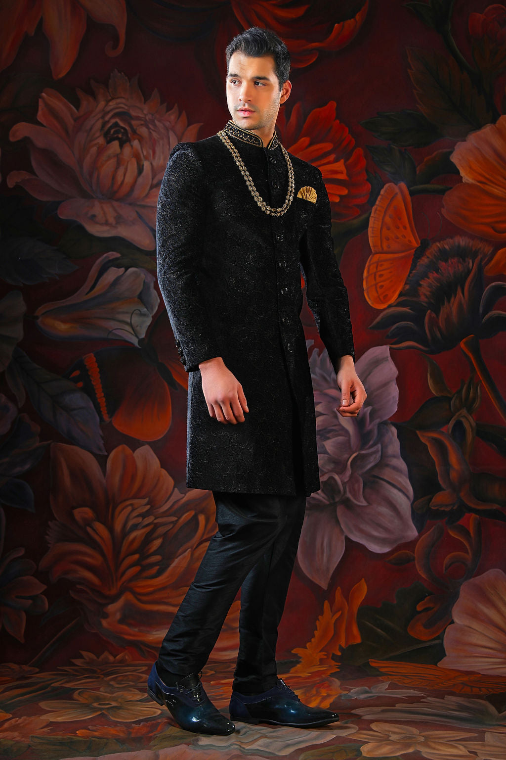 black embroidered sherwani with churidar