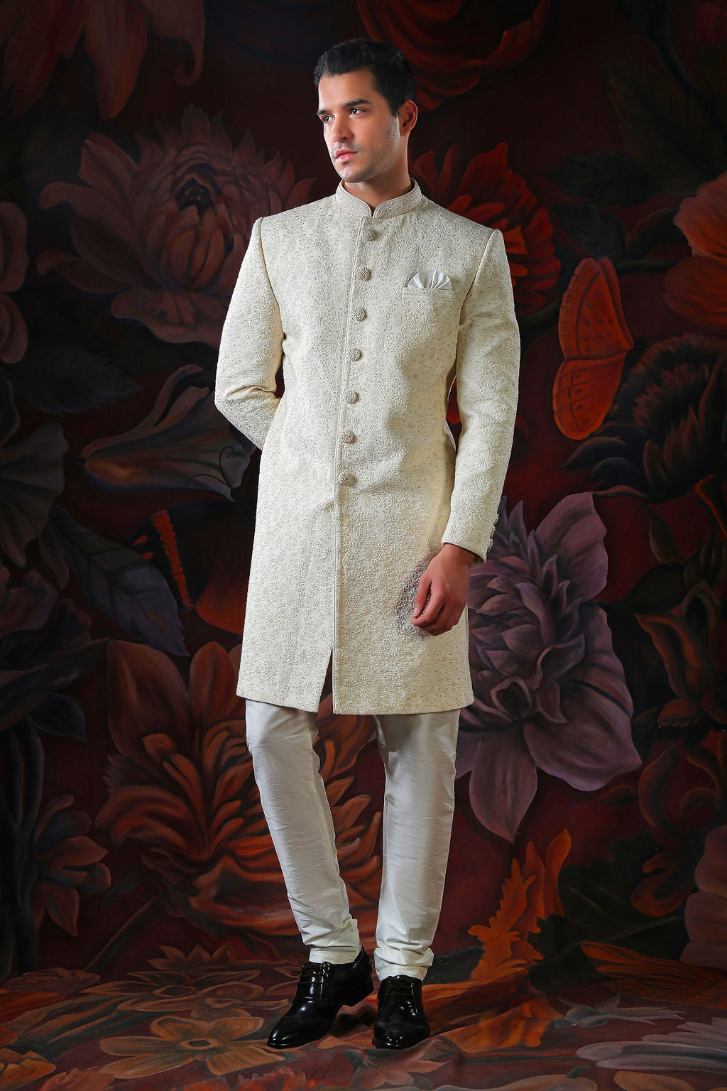 Cream embroidered sherwani with churidar