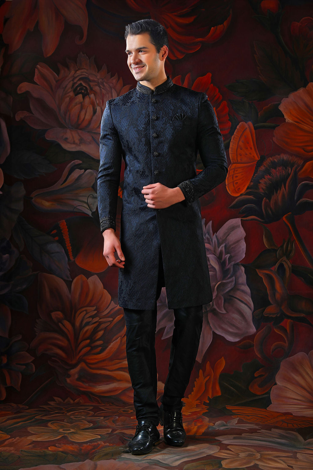 black embroidered sherwani with churidar