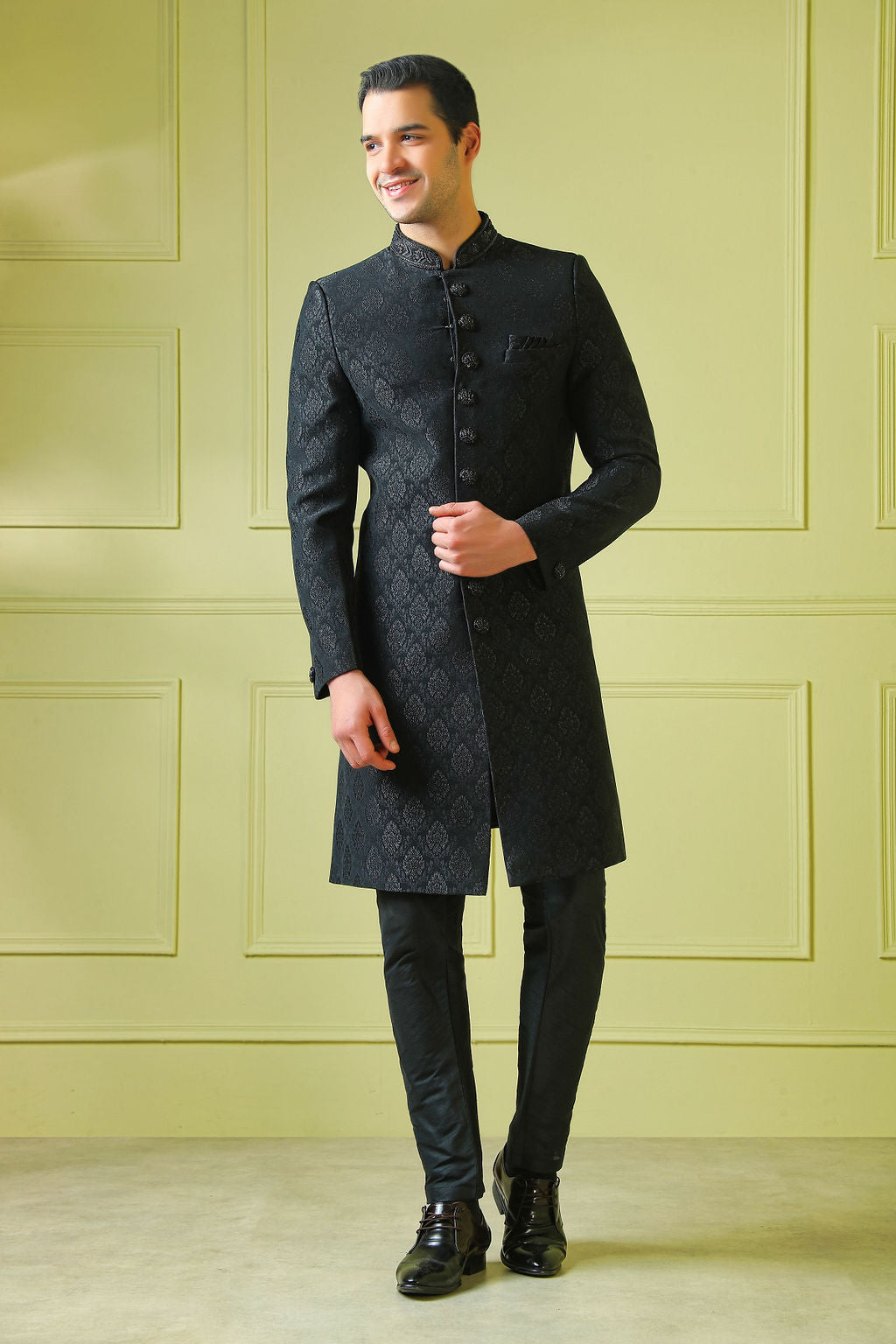 black embroidered sherwani with churidar