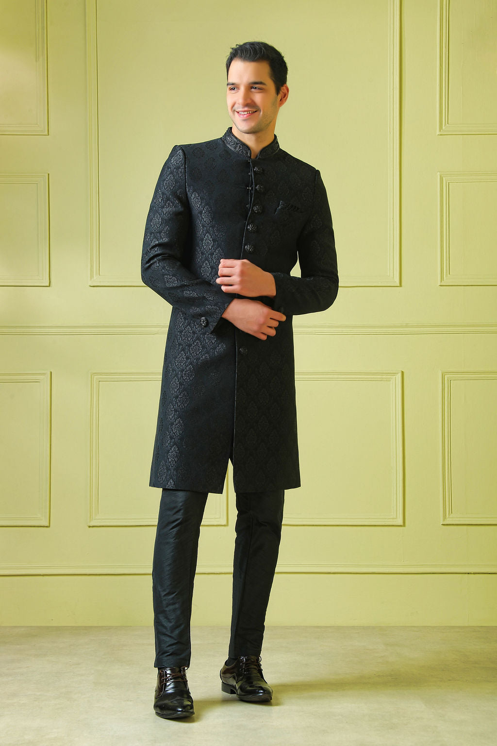 black embroidered sherwani with churidar