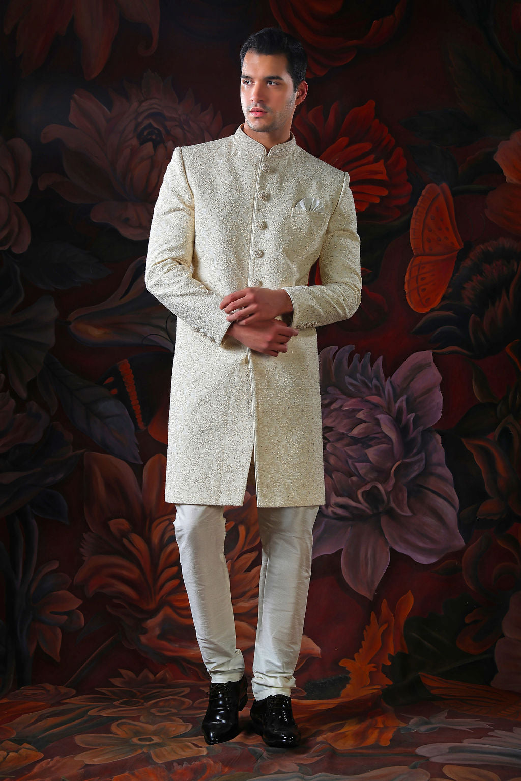 Cream embroidered sherwani with churidar