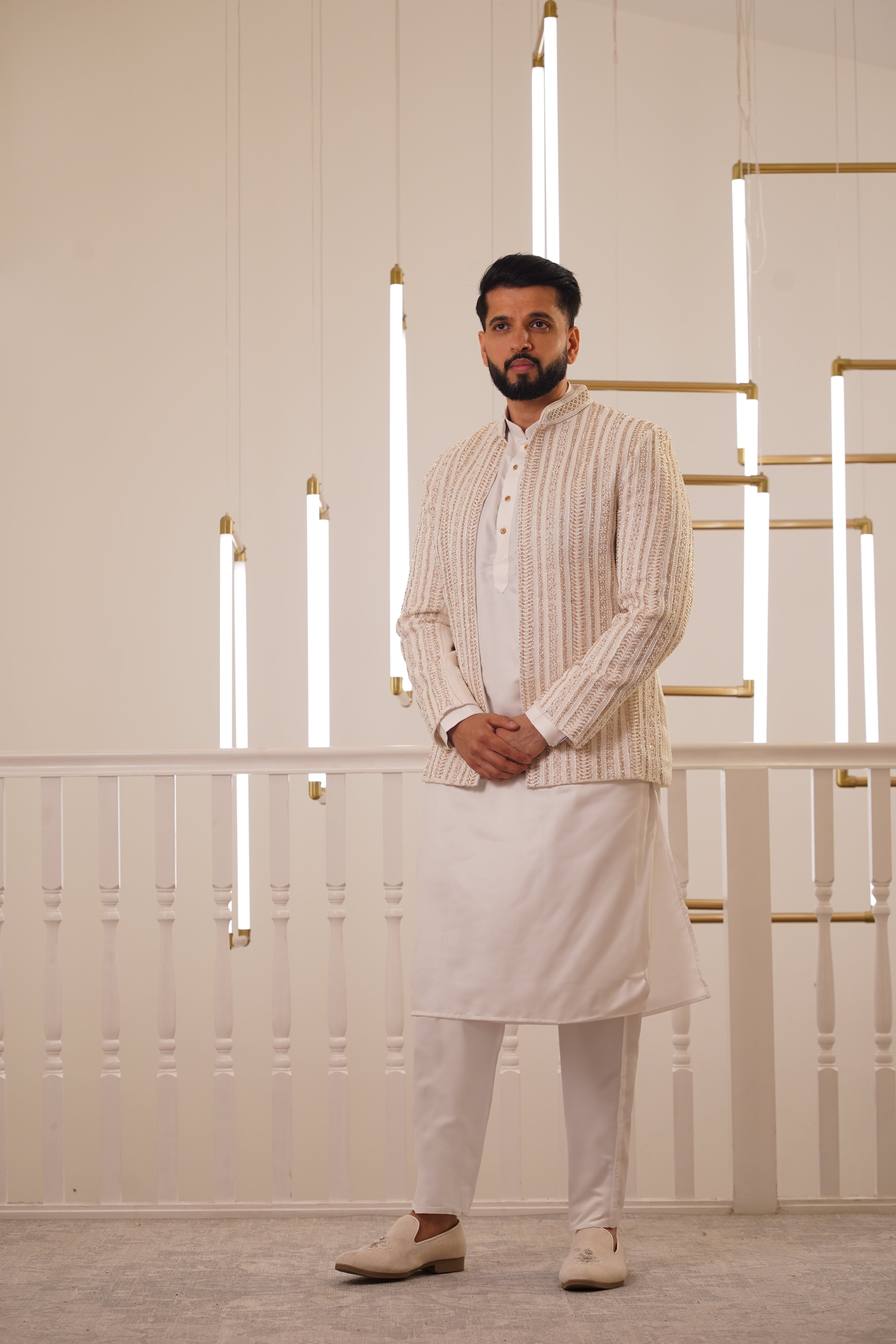 CREAM EMBROIDRY JACKET WITH KURTA & TROUSER
