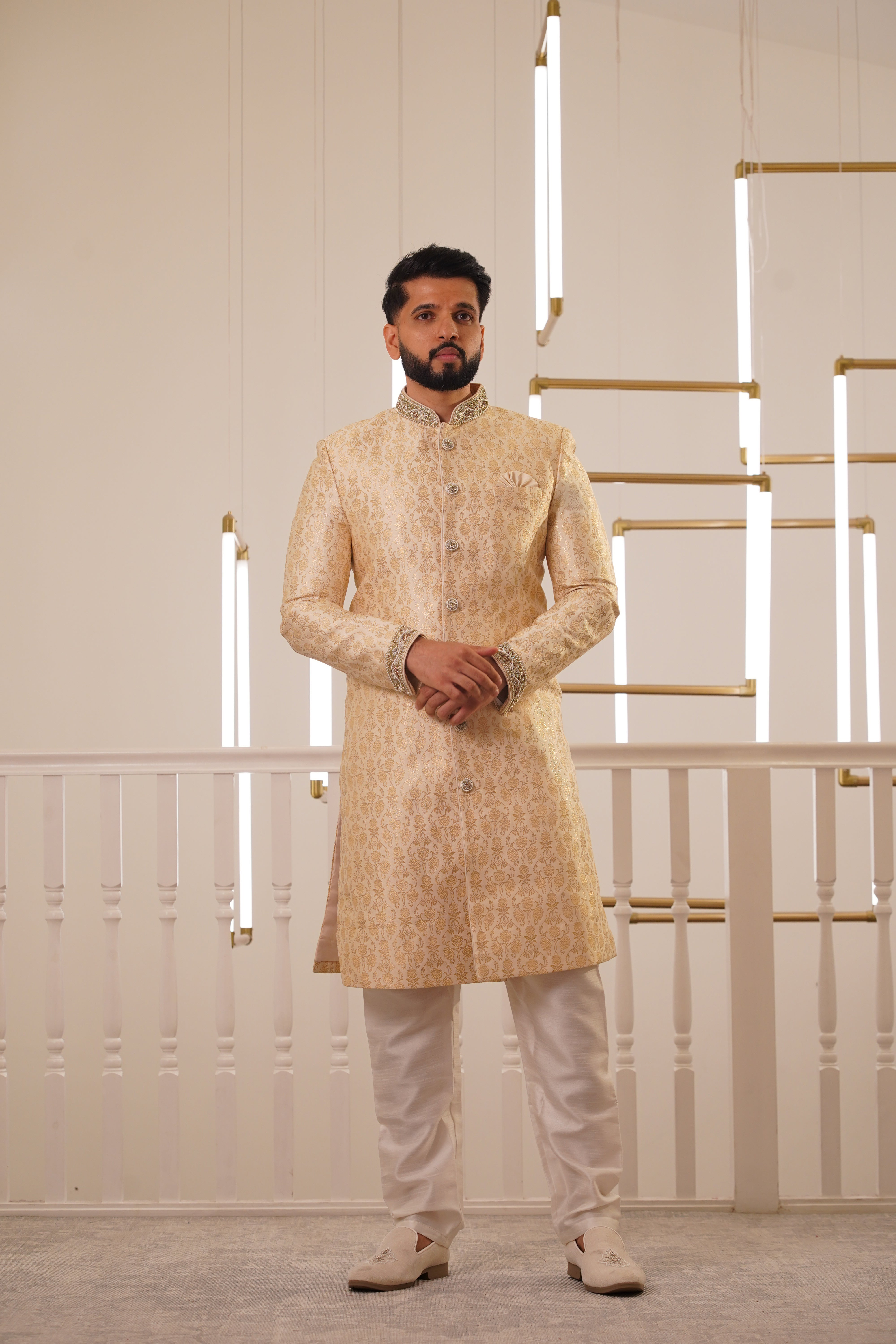 LIGHT GOLD SHERWANI WITH EMBROIDERY COLLAR