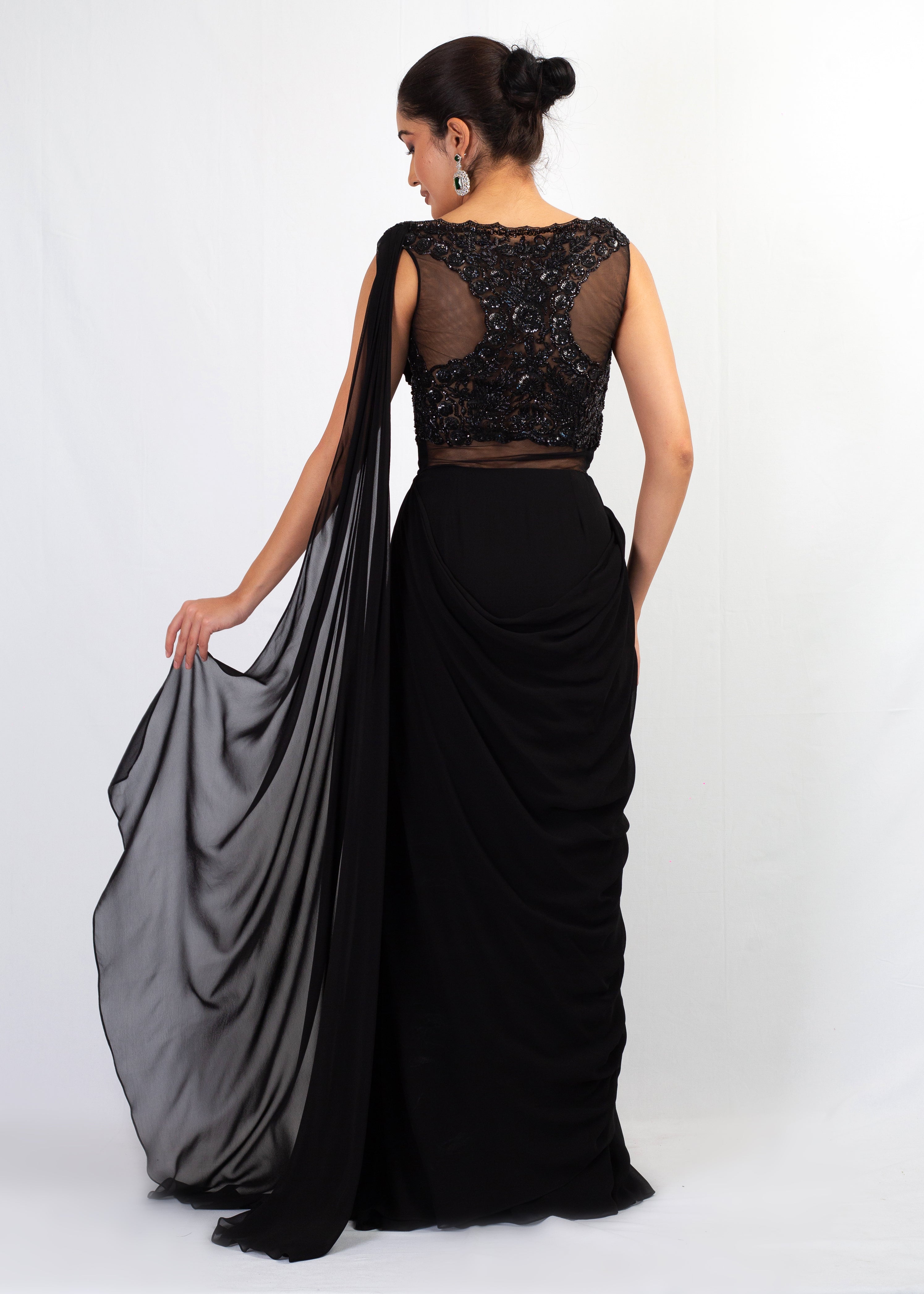 STYLISH BLACK EMBROIDERED DRAPE SAREE