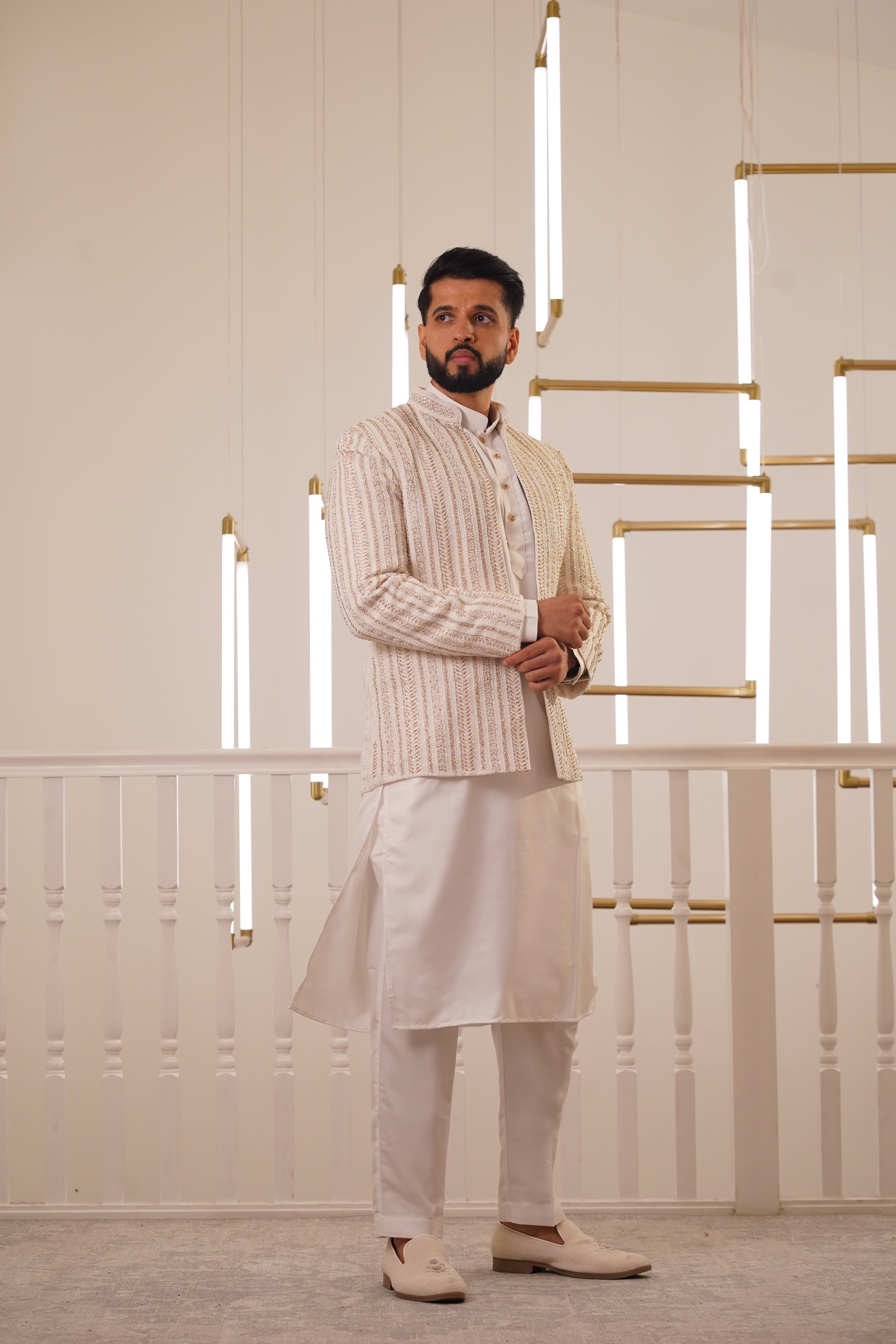 CREAM EMBROIDRY JACKET WITH KURTA & TROUSER