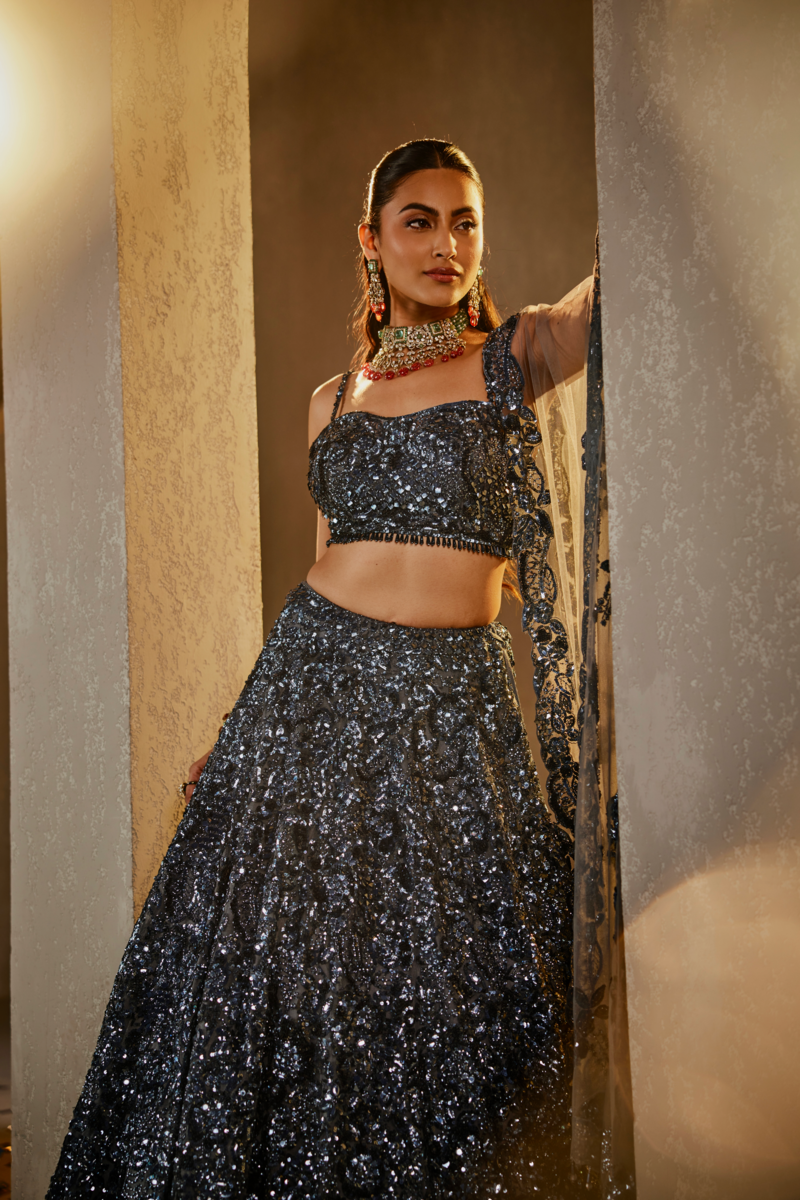 ELEGANT GREY LEHENGA WITH STRIPE TOP AND DUPATTA