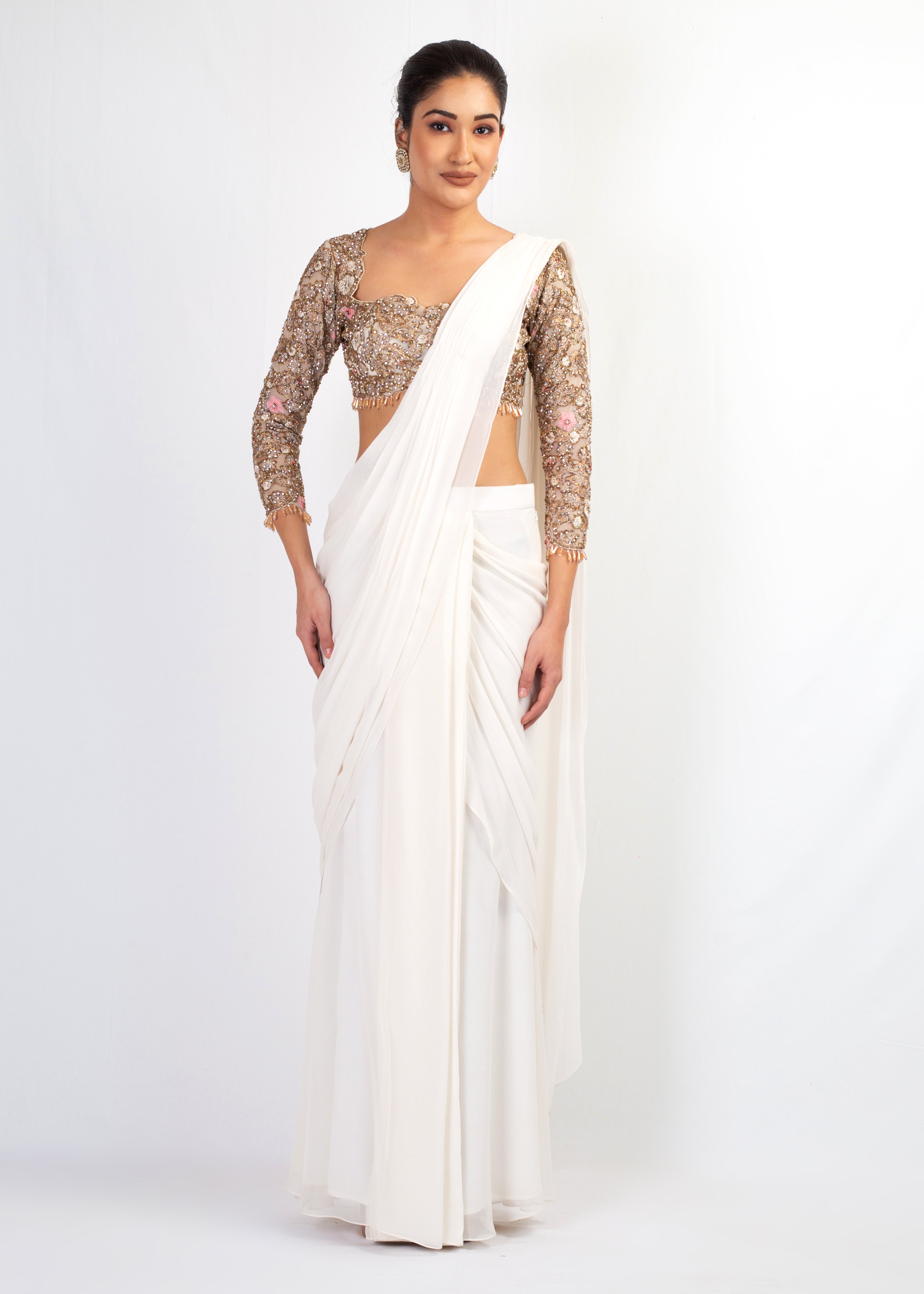 ELEGANT NUDE STITCHED SAREE WITH FULL SLEEVES EMBROIDRY TOP