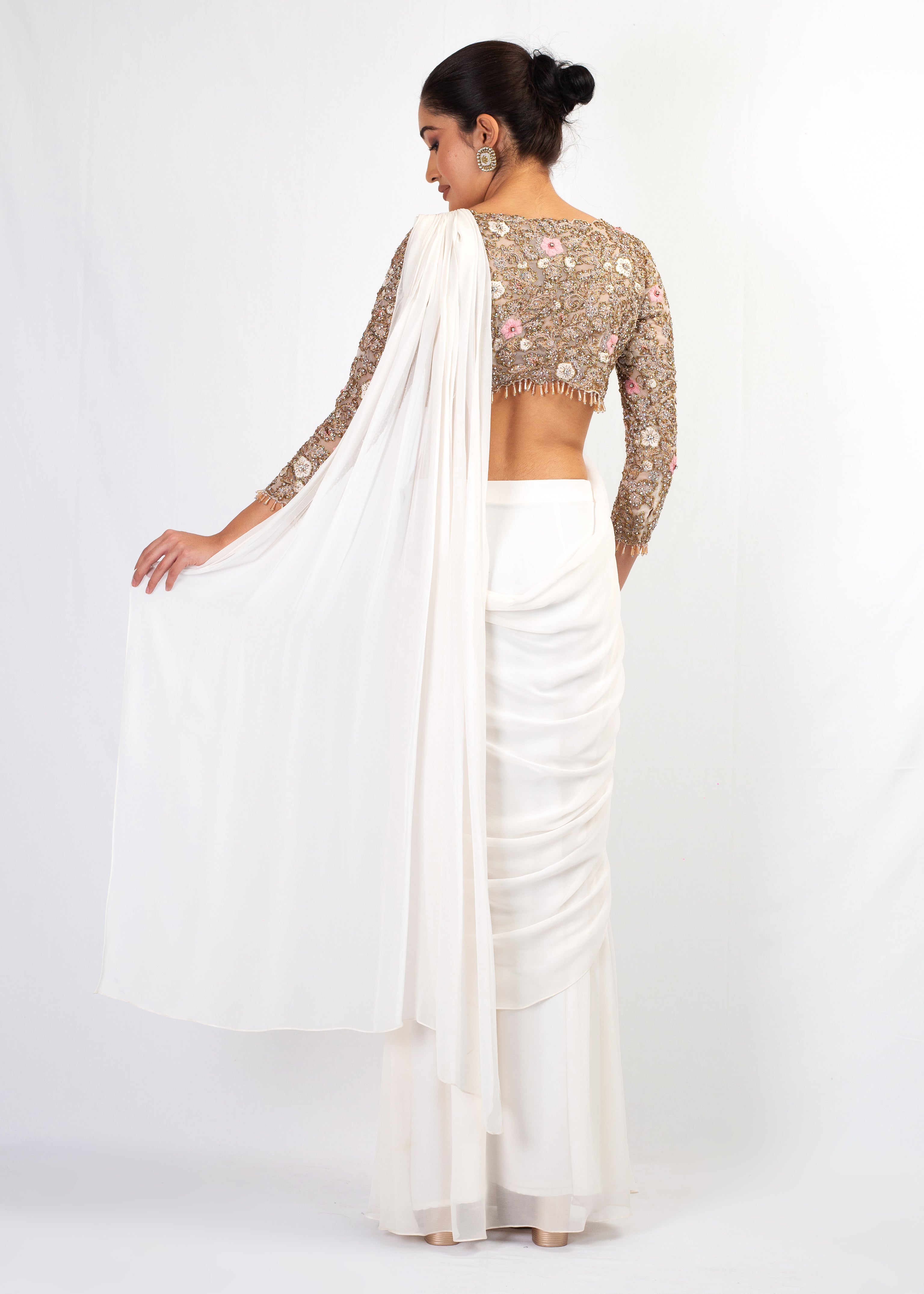 ELEGANT NUDE STITCHED SAREE WITH FULL SLEEVES EMBROIDRY TOP