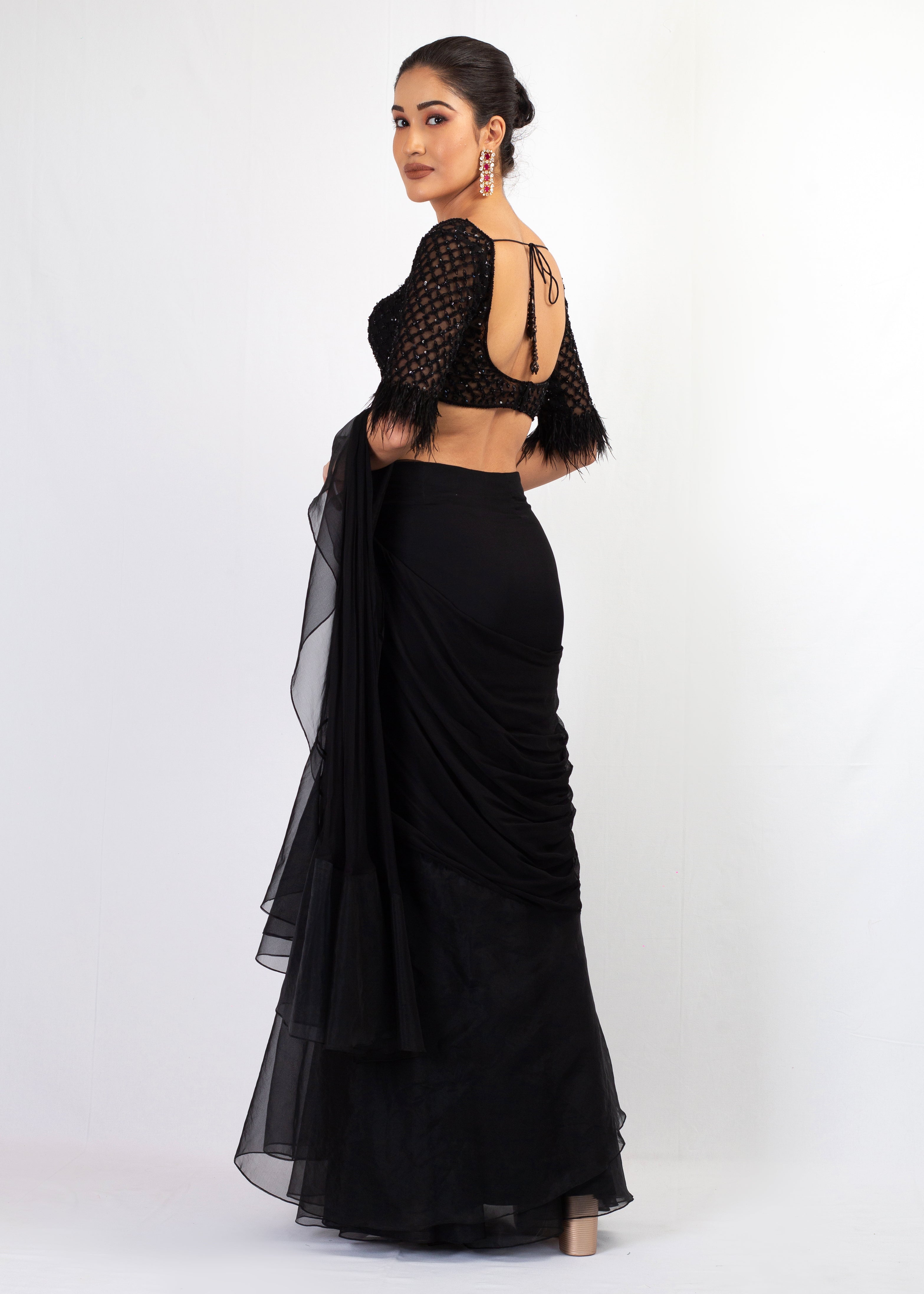 STYLISH BLACK STITCHED SAREE WITH EMBROIDERY TOP