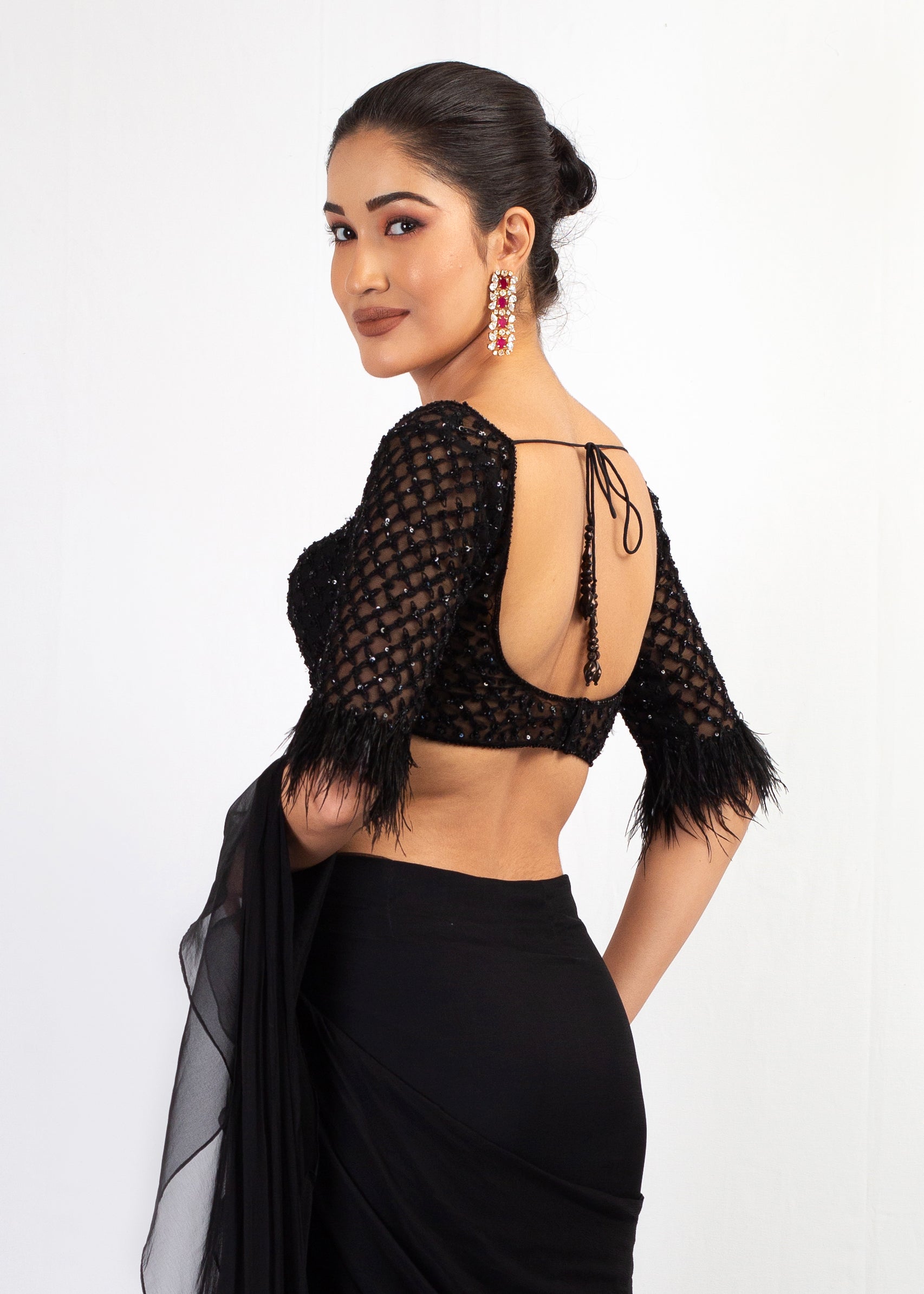 STYLISH BLACK STITCHED SAREE WITH EMBROIDERY TOP