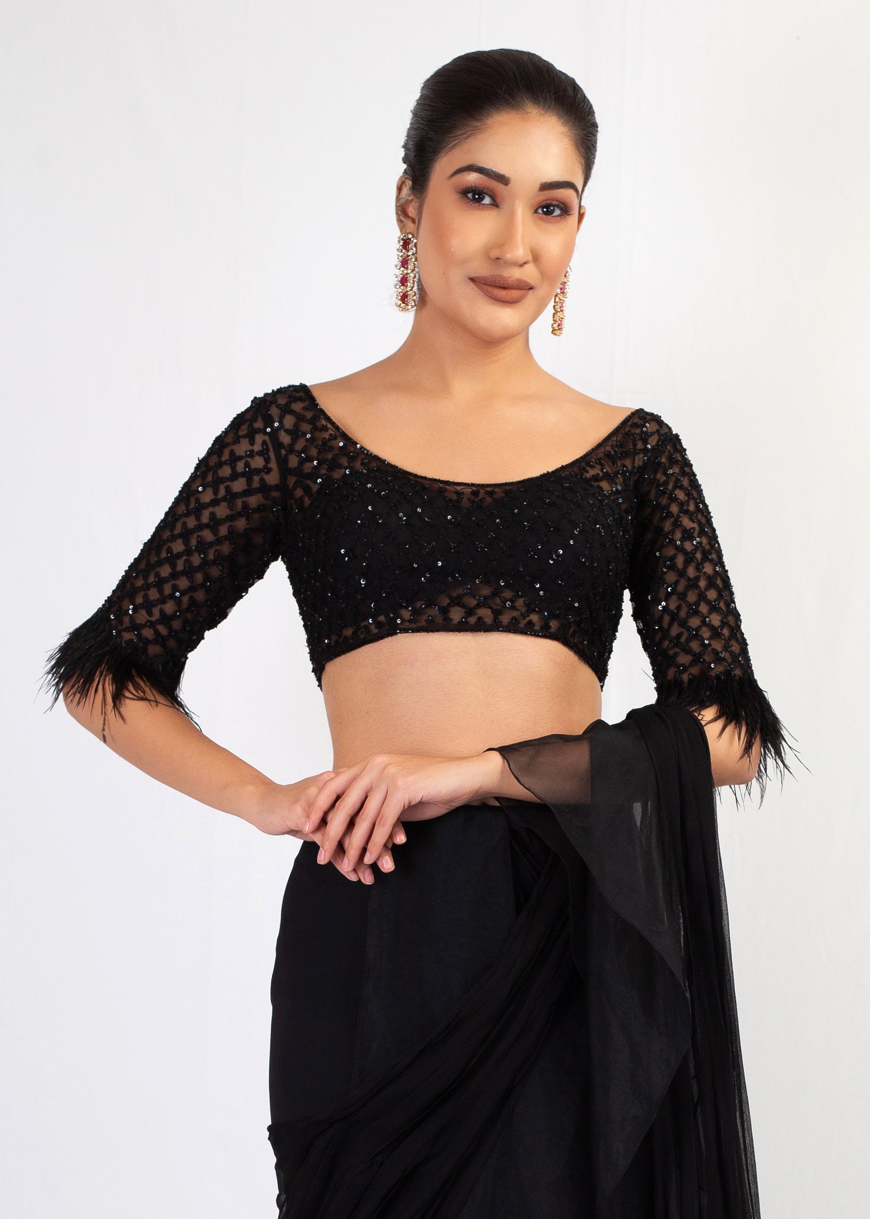 STYLISH BLACK STITCHED SAREE WITH EMBROIDERY TOP