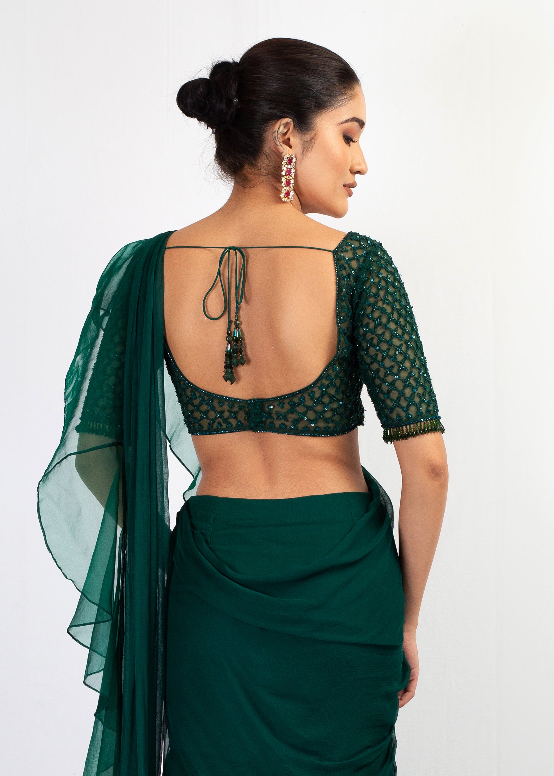 STYLISH GREEN PLAIN SAREE WITH EMBROIDERY TOP