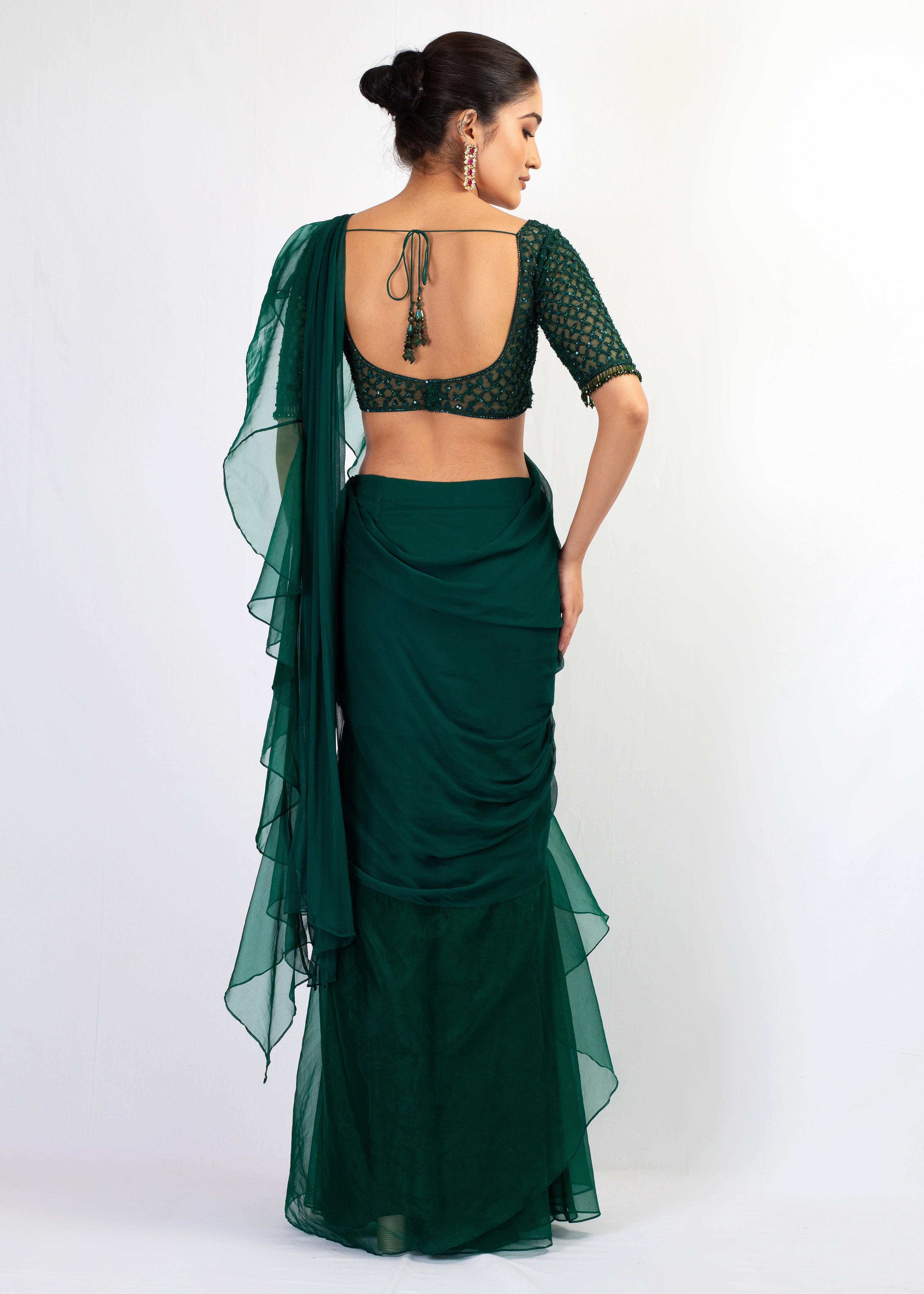 STYLISH GREEN PLAIN SAREE WITH EMBROIDERY TOP